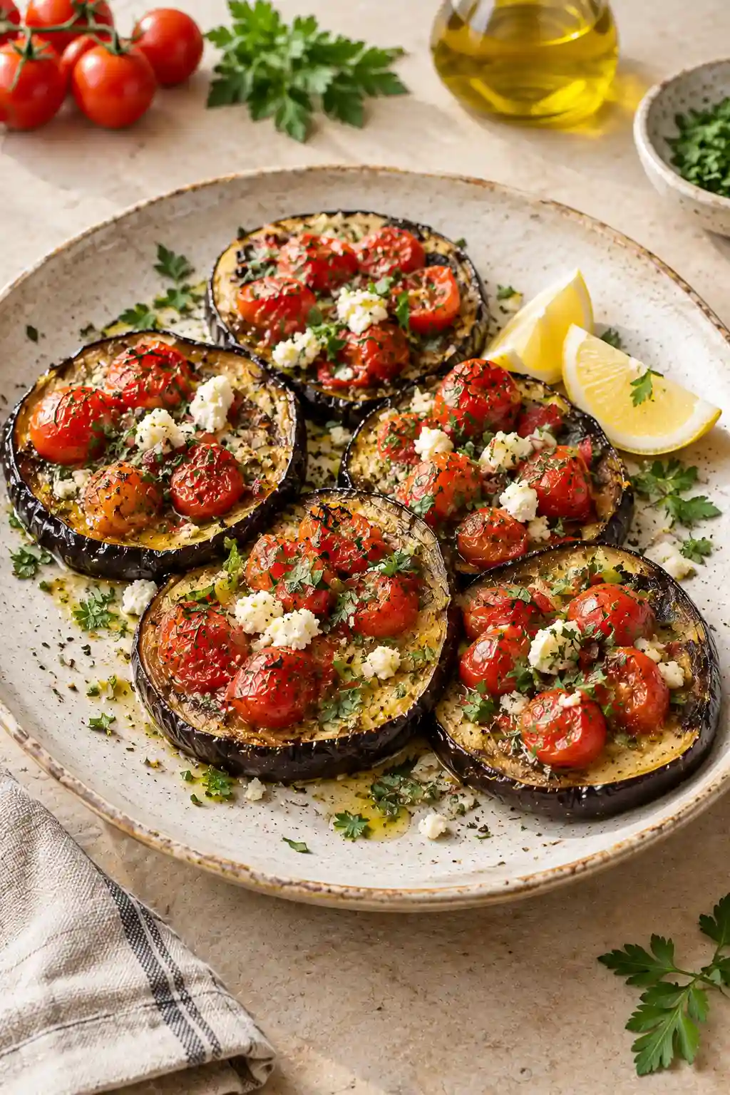 Baked Eggplant with Tomatoes and Herbs Baked eggplant with roasted tomatoes, feta, fresh parsley, Mediterranean herbs, and lemon wedges