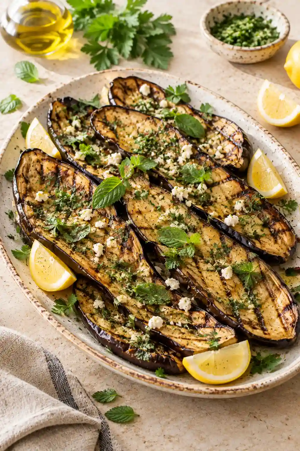 Grilled Eggplant with Lemon and Herbs Grilled eggplant slices with lemon, fresh parsley, mint, Mediterranean herbs, and crumbled feta