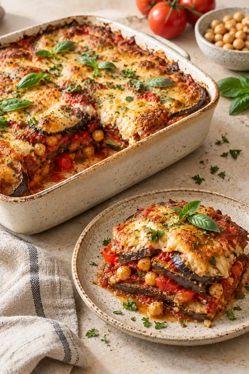 Mediterranean Eggplant Casserole Mediterranean eggplant casserole layered with roasted eggplant, tomatoes, chickpeas, melted cheese, and fresh herbs