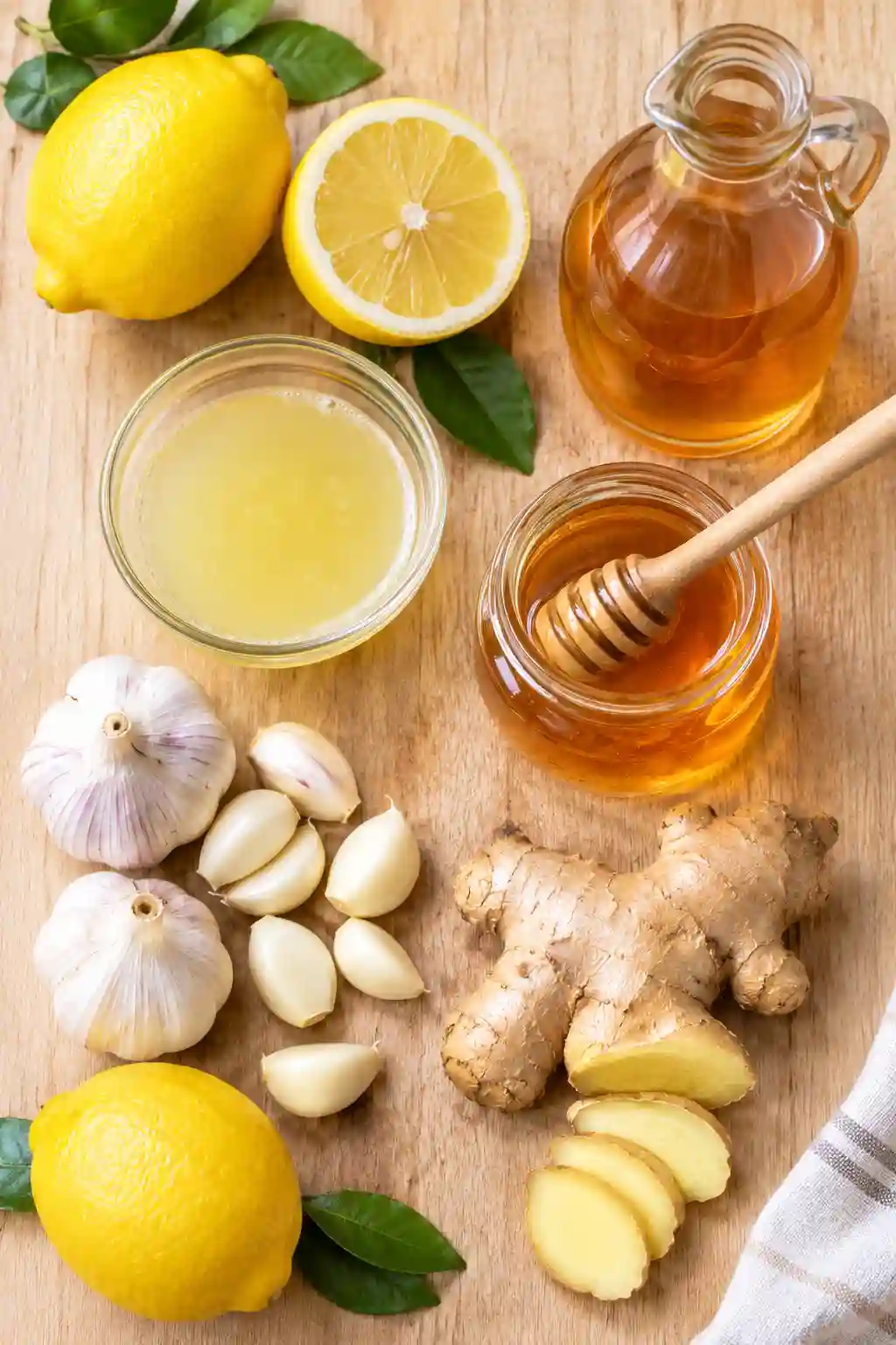 Arterial Flush Recipe ingredients with garlic, ginger, lemon, honey and apple cider vinegar