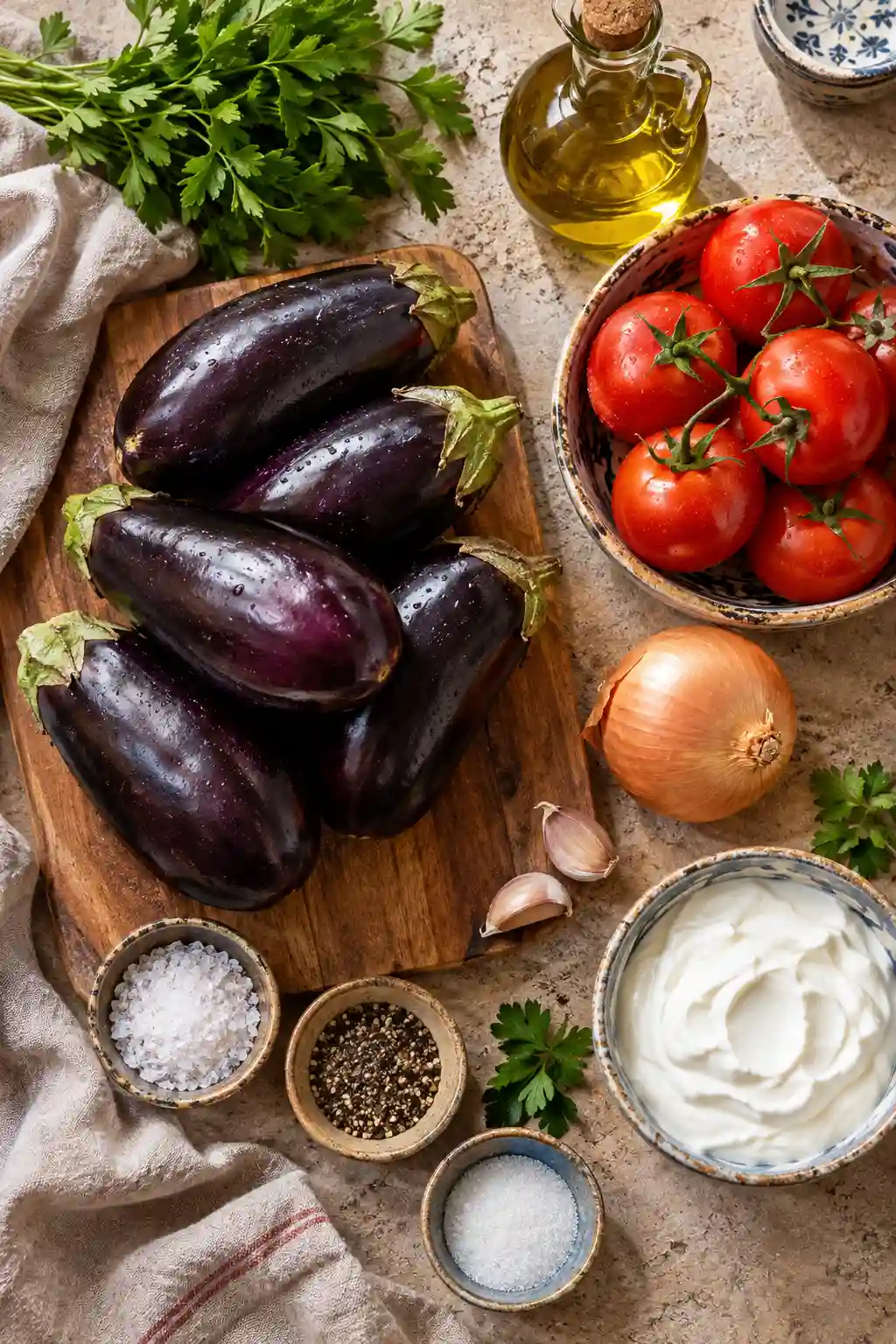 Ingredients for baked eggplant with tomatoes and herbs including eggplant, tomatoes, parsley, garlic, onion, olive oil and Greek yogurt