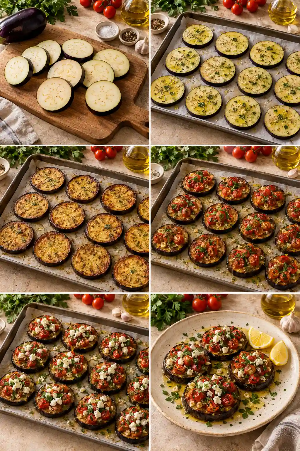 Step by step preparation of baked eggplant with tomatoes and herbs, from sliced eggplant to the finished baked dish