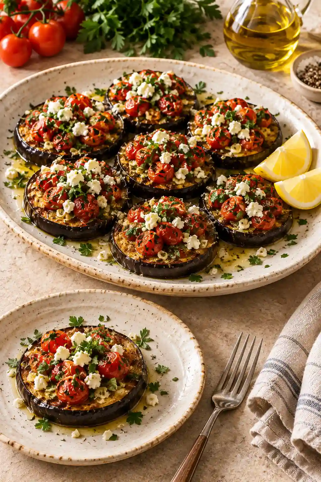 Baked eggplant with tomatoes and herbs served on a Mediterranean platter with roasted tomatoes, parsley and crumbled cheese