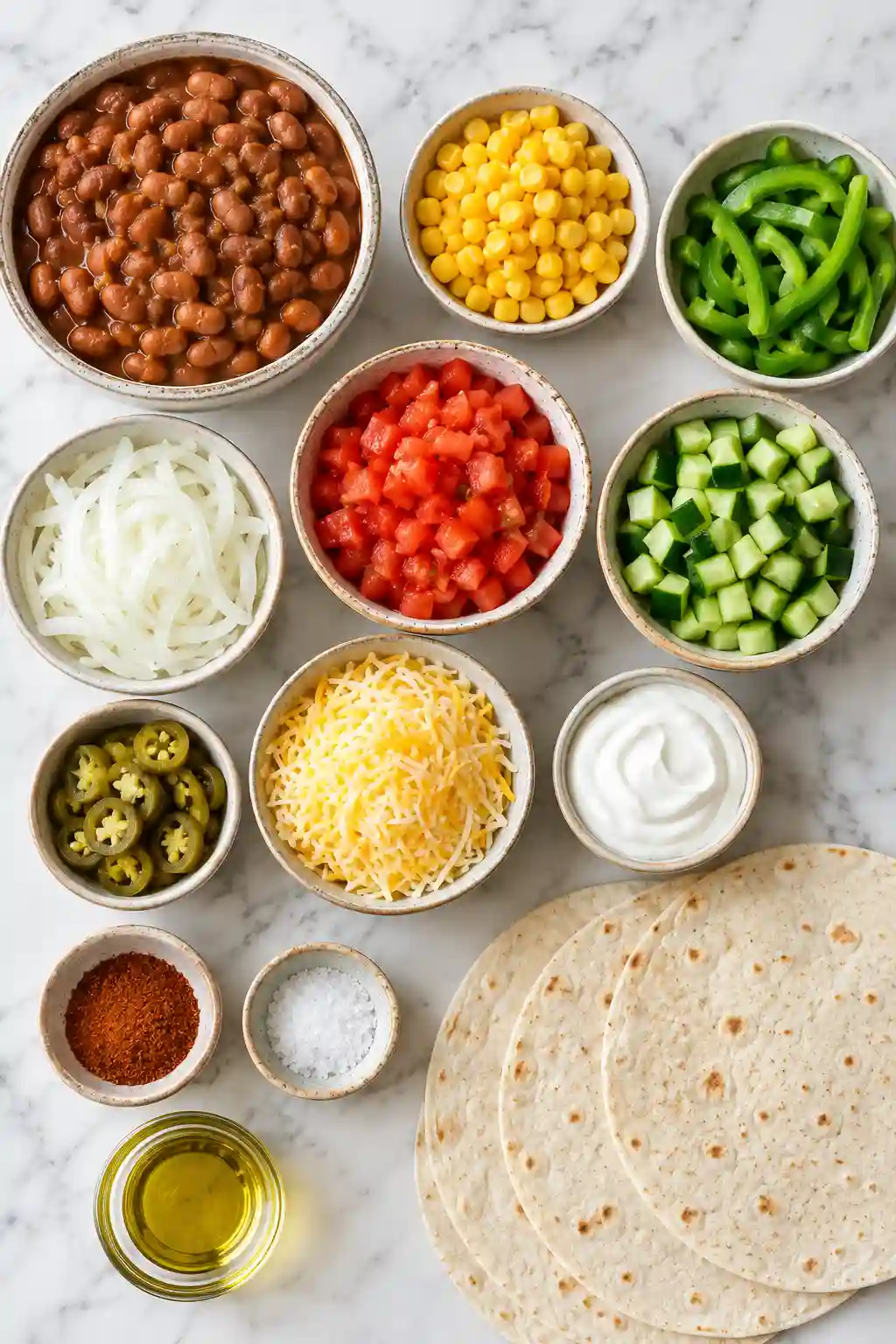 Bean Burrito Recipe ingredients with pinto beans, corn, vegetables, cheese, jalapeños and flour tortillas