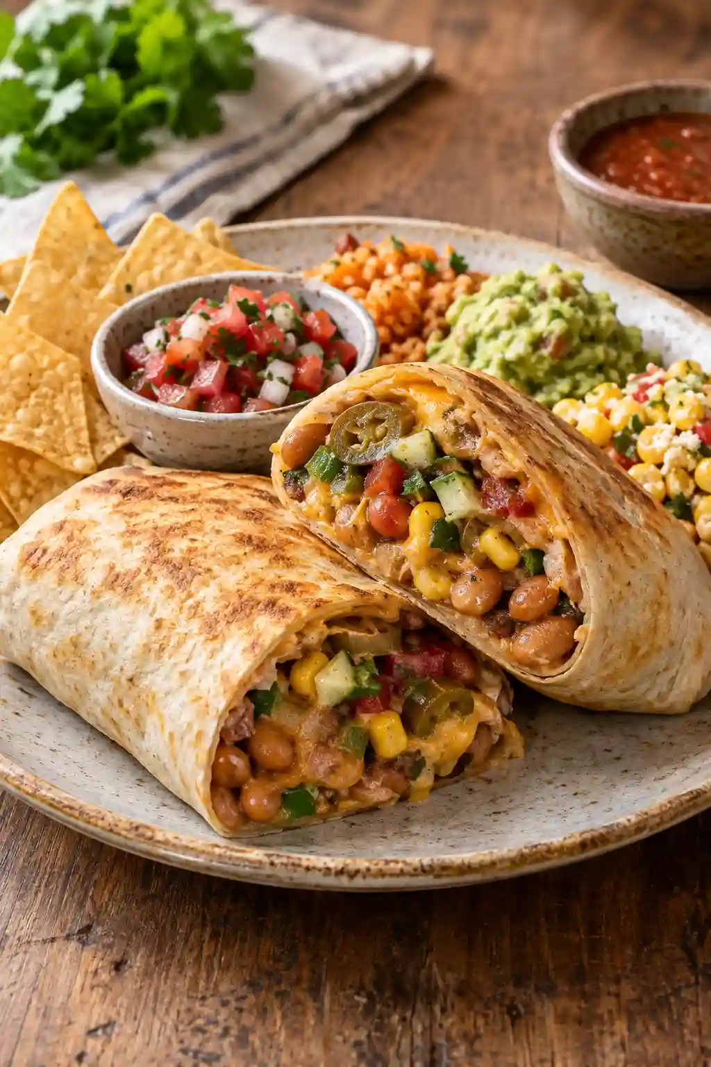 Bean Burrito Recipe served with Mexican rice, guacamole, pico de gallo, corn salad and tortilla chips