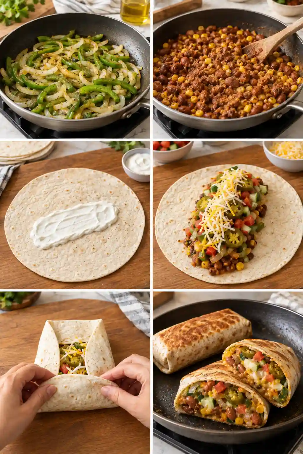 Bean Burrito Recipe step by step showing vegetables, bean filling, assembly, folding and toasting