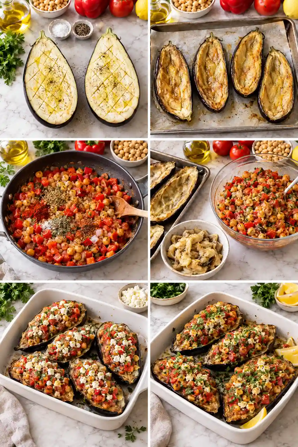 Mediterranean Stuffed Eggplant Step by Step Step by step Mediterranean stuffed eggplant with roasted eggplant, chickpea vegetable filling, feta, and fresh herbs