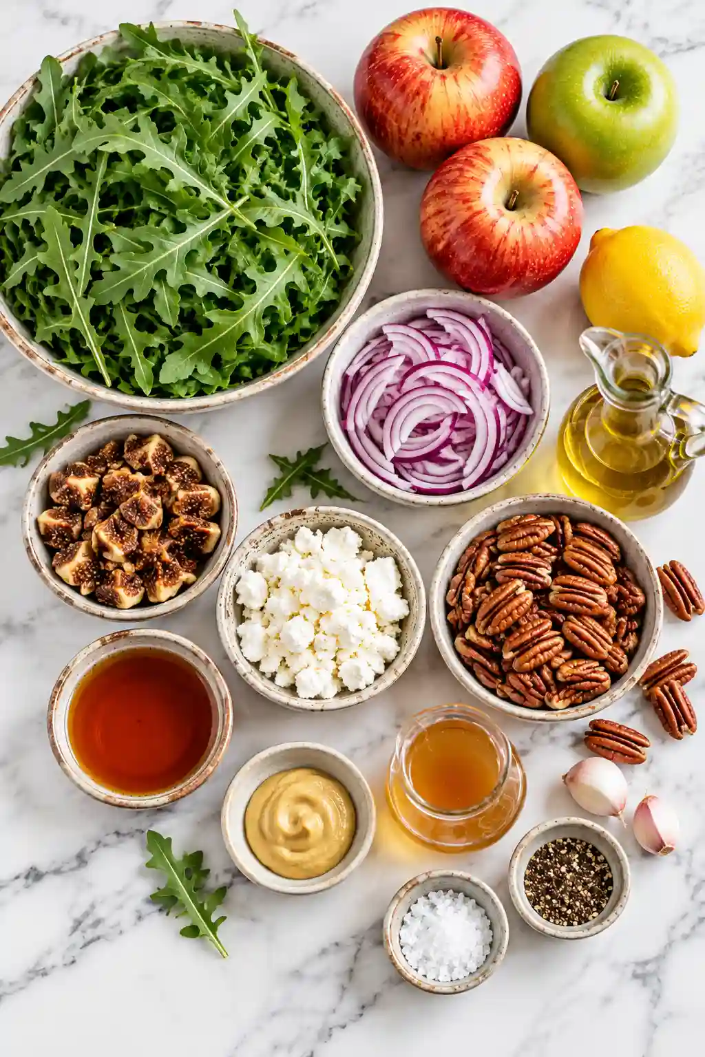 Ingredients for Fall Harvest Salad with Apple Cider Vinaigrette, including arugula, apples, figs, goat cheese, pecans, red onion, and dressing ingredients