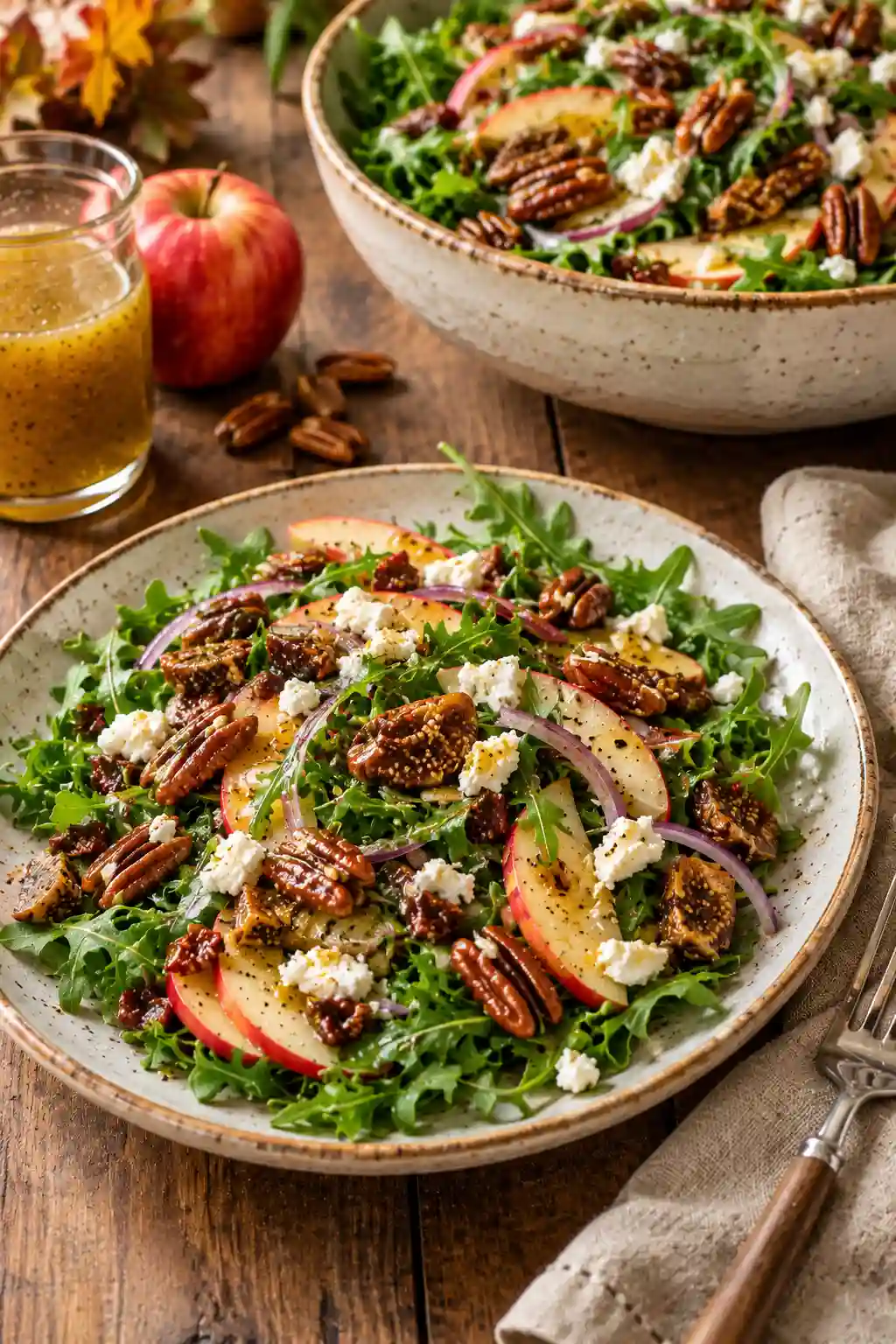 Fall Harvest Salad with Apple Cider Vinaigrette served with crisp apples, arugula, goat cheese, figs, red onion, and maple pecans