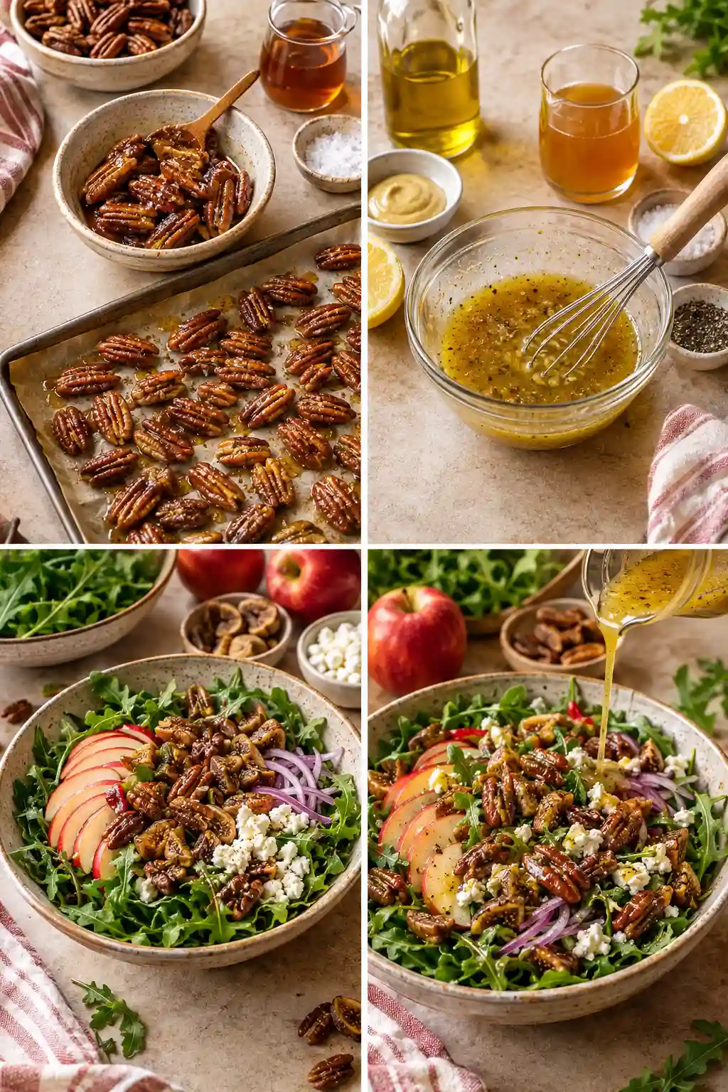 Four preparation steps for Fall Harvest Salad with Apple Cider Vinaigrette, from roasting maple pecans and whisking dressing to assembling and dressing the salad