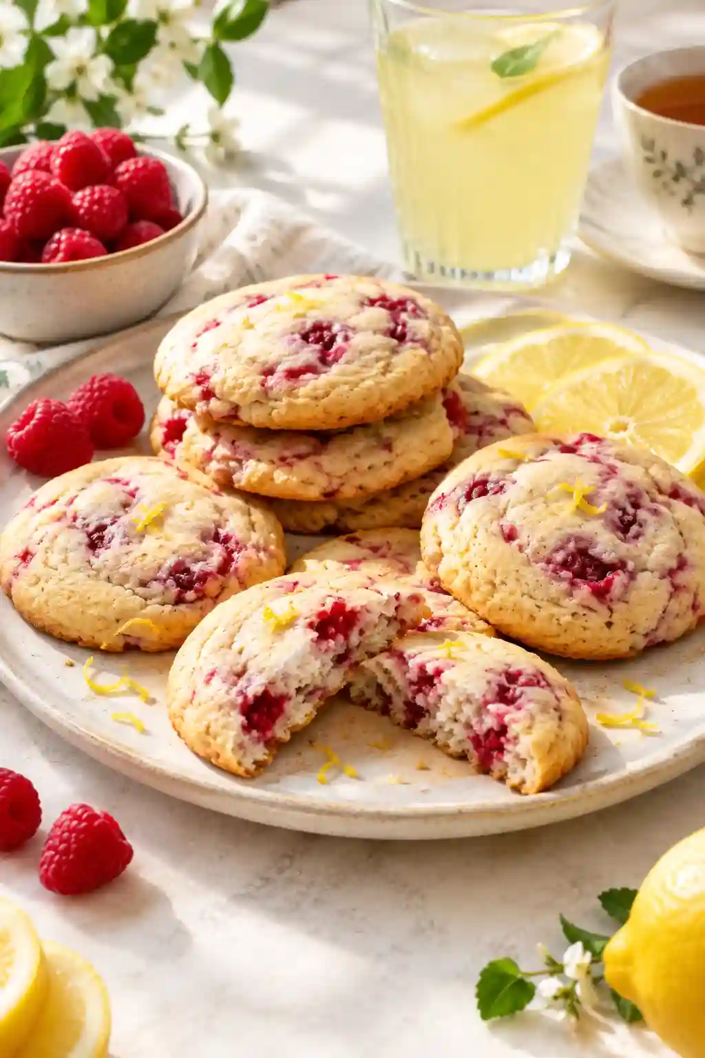Raspberry Lemon Cookies served with fresh raspberries, lemon slices, lemonade, and tea