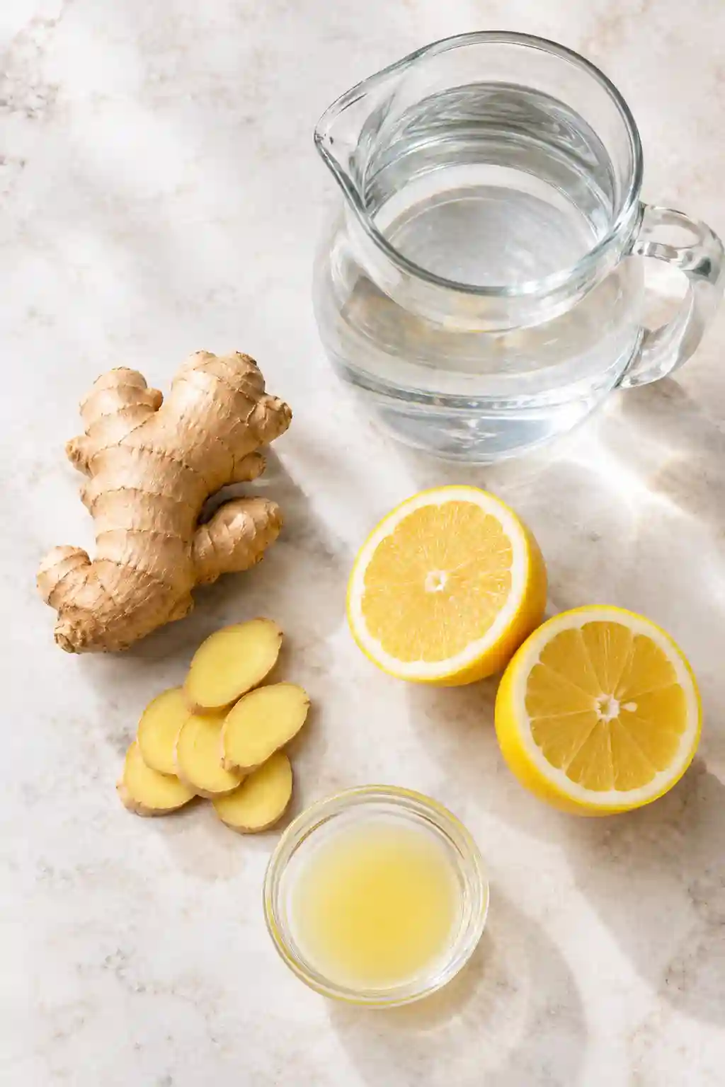 Ginger Water Recipe Ingredients Fresh ginger, lemon, and water for a ginger water recipe for weight loss