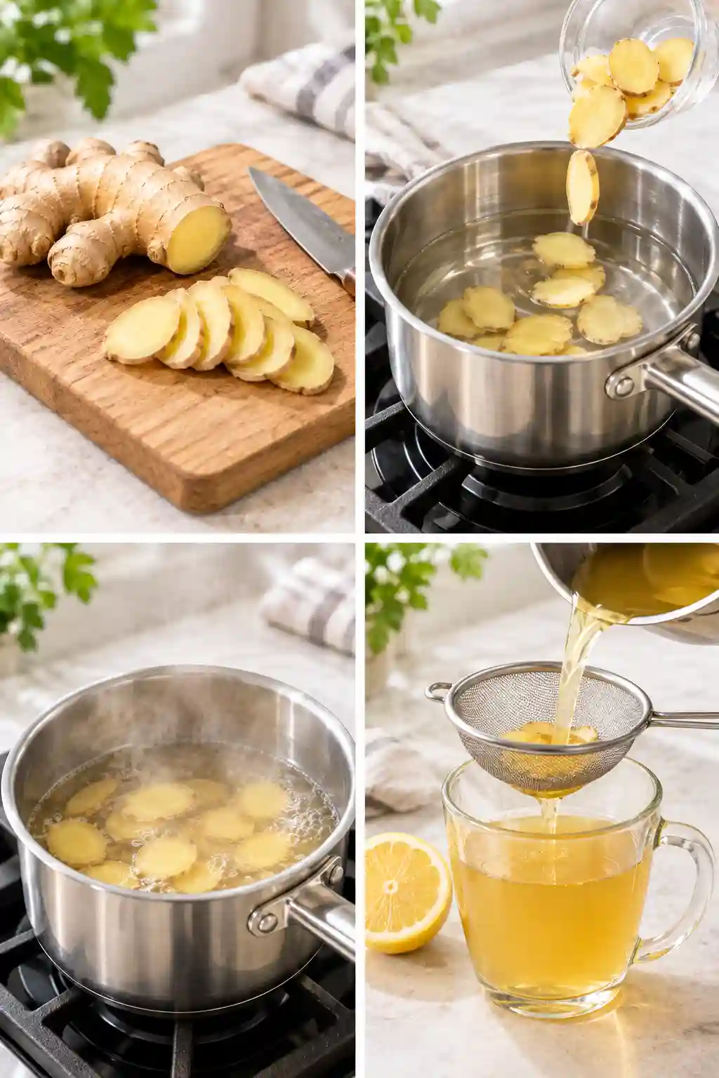 How to Make Ginger Water Step by Step Steps for making ginger water with fresh ginger, simmering water, and straining into a cup