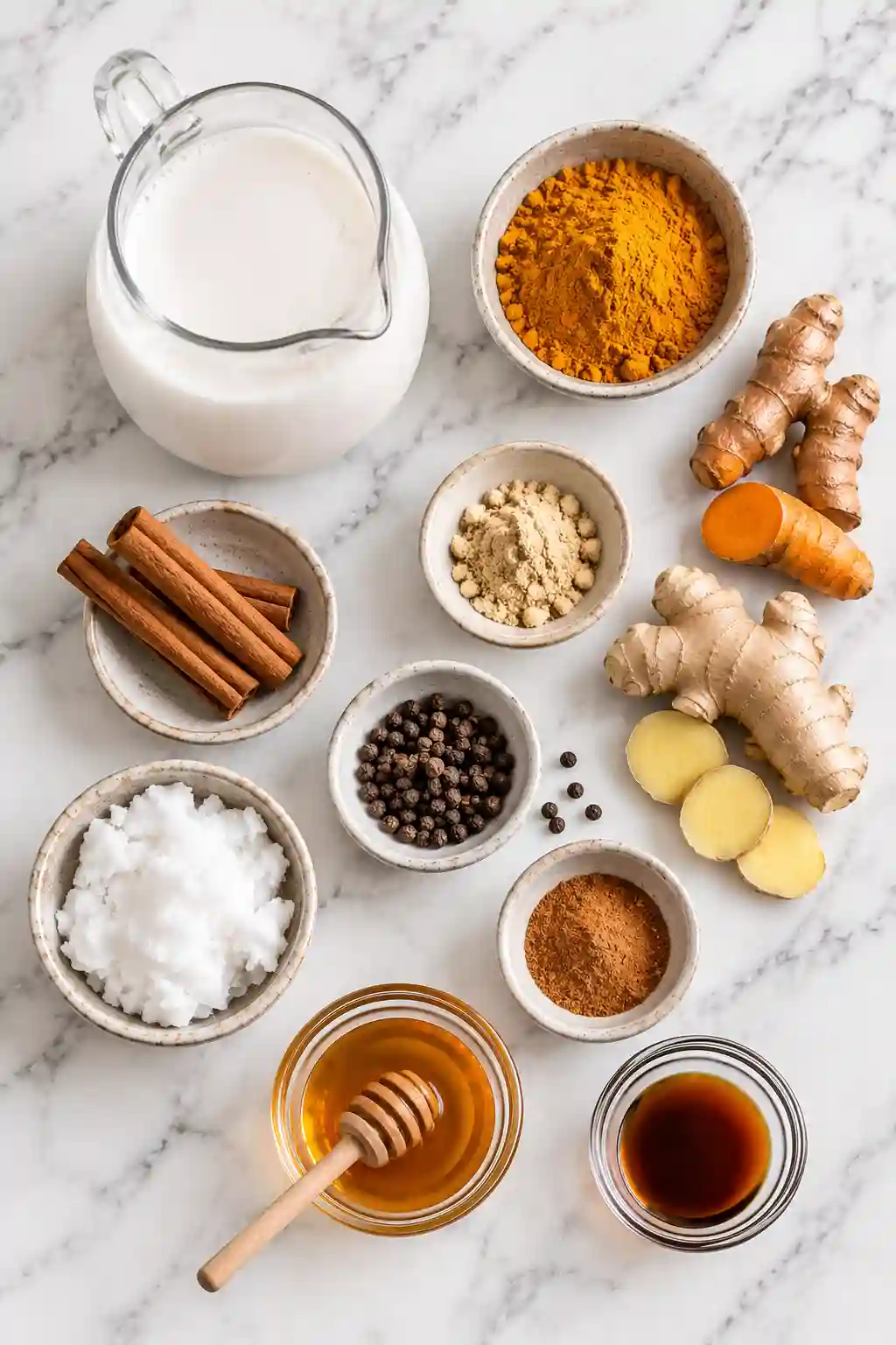 Golden Milk Recipe ingredients with turmeric, ginger, cinnamon, coconut milk and honey