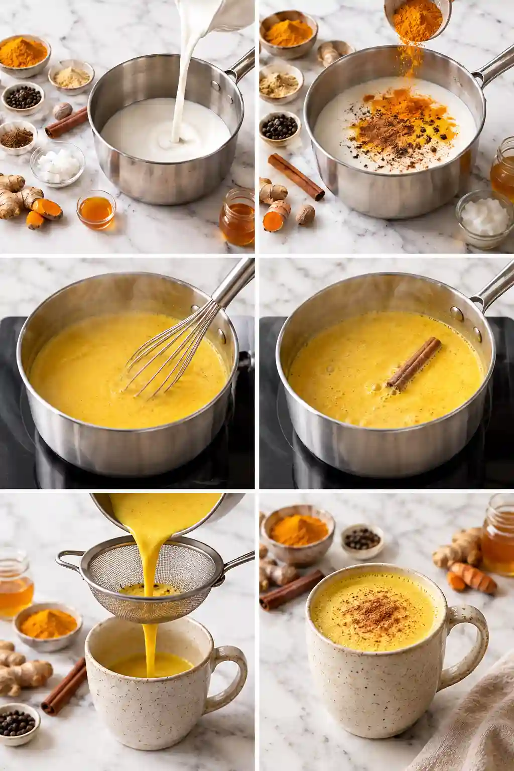 Golden Milk Recipe step by step showing turmeric milk preparation from saucepan to serving