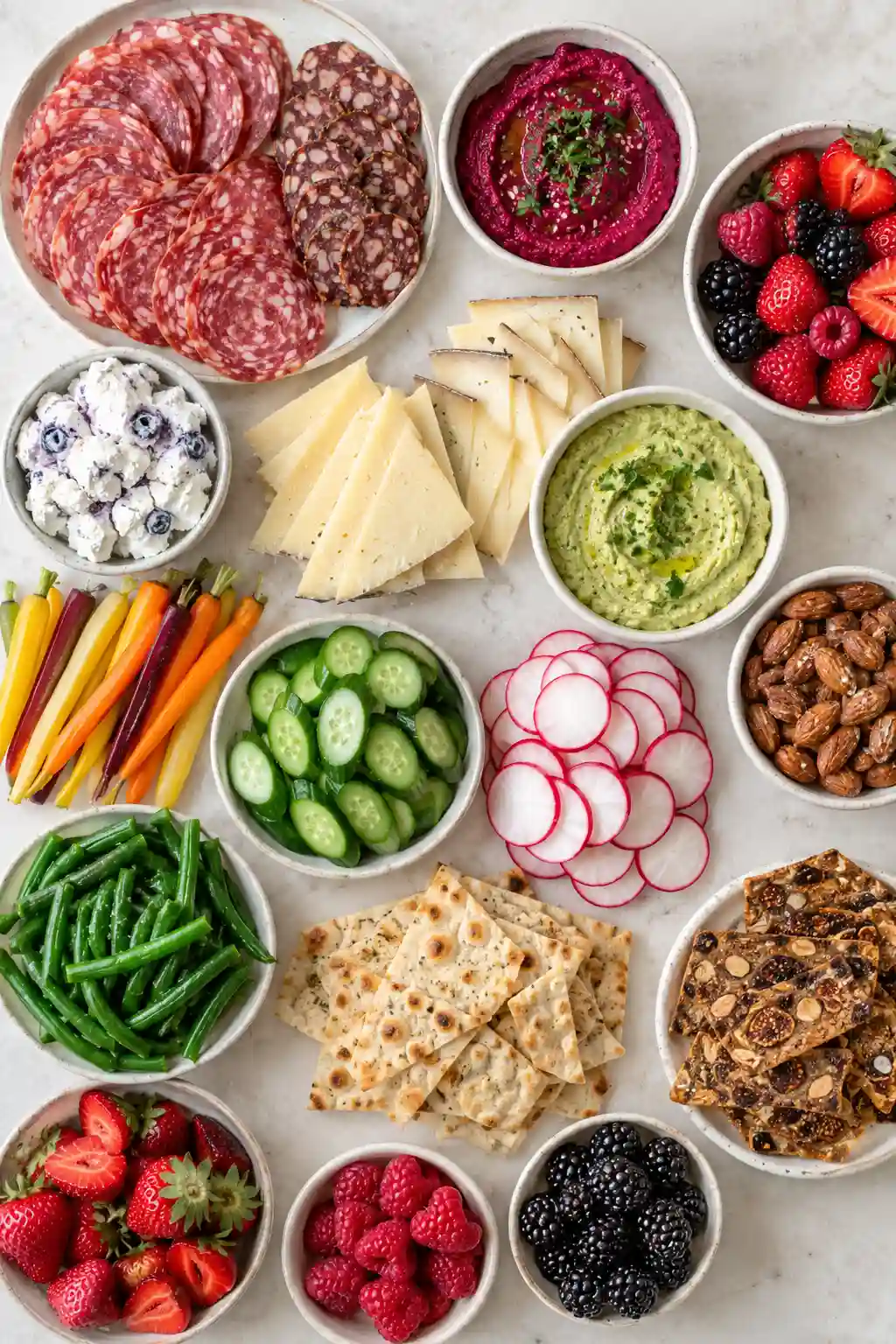 Grab and Go Snack Box Ingredients Ingredients for Grab and Go Snack Box Ideas including salami, cheese, hummus, berries, vegetables, almonds, and crackers