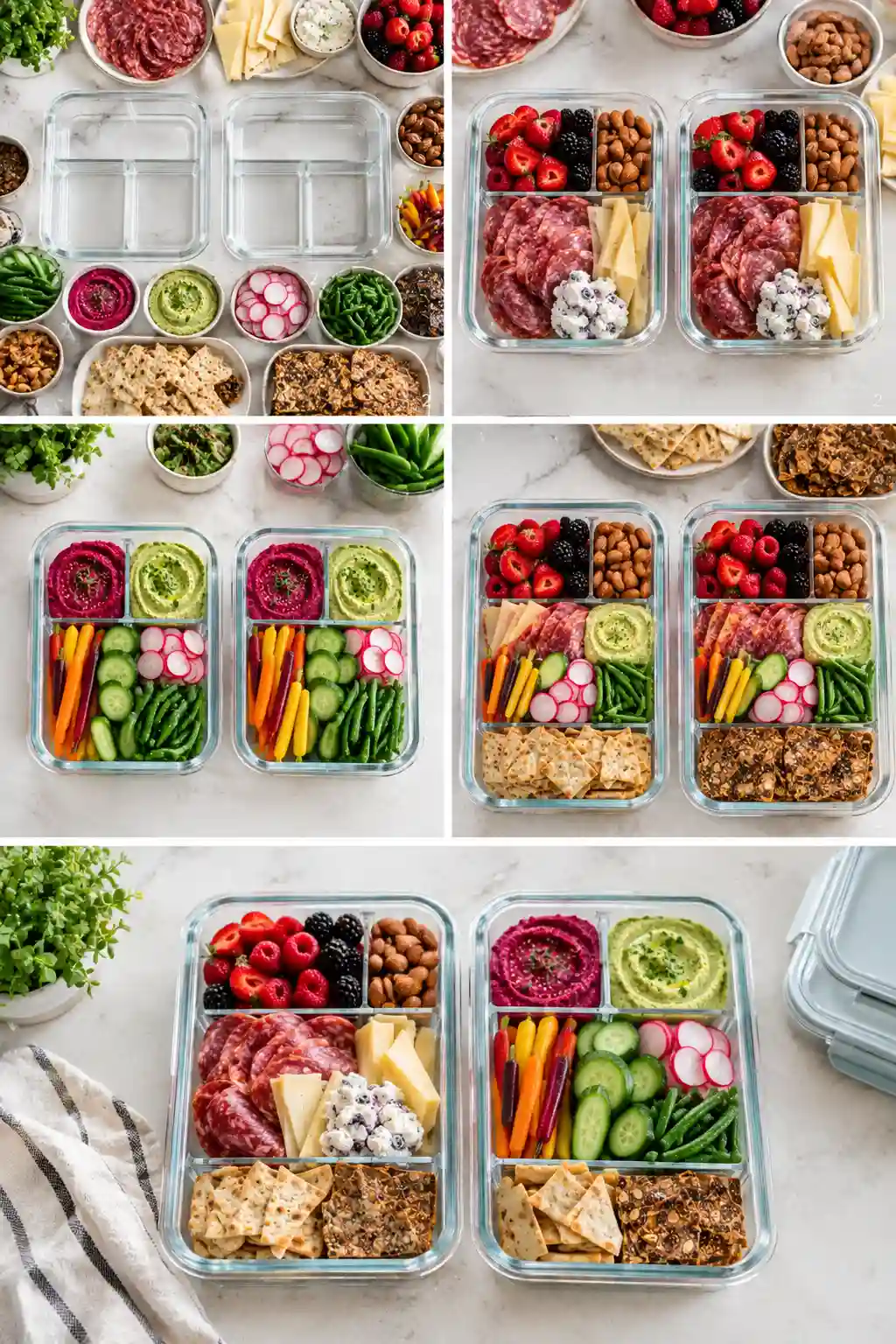 How to Prepare Grab and Go Snack Boxes Step-by-step preparation of Grab and Go Snack Box Ideas with charcuterie, hummus, vegetables, berries, almonds, cheese, and crackers