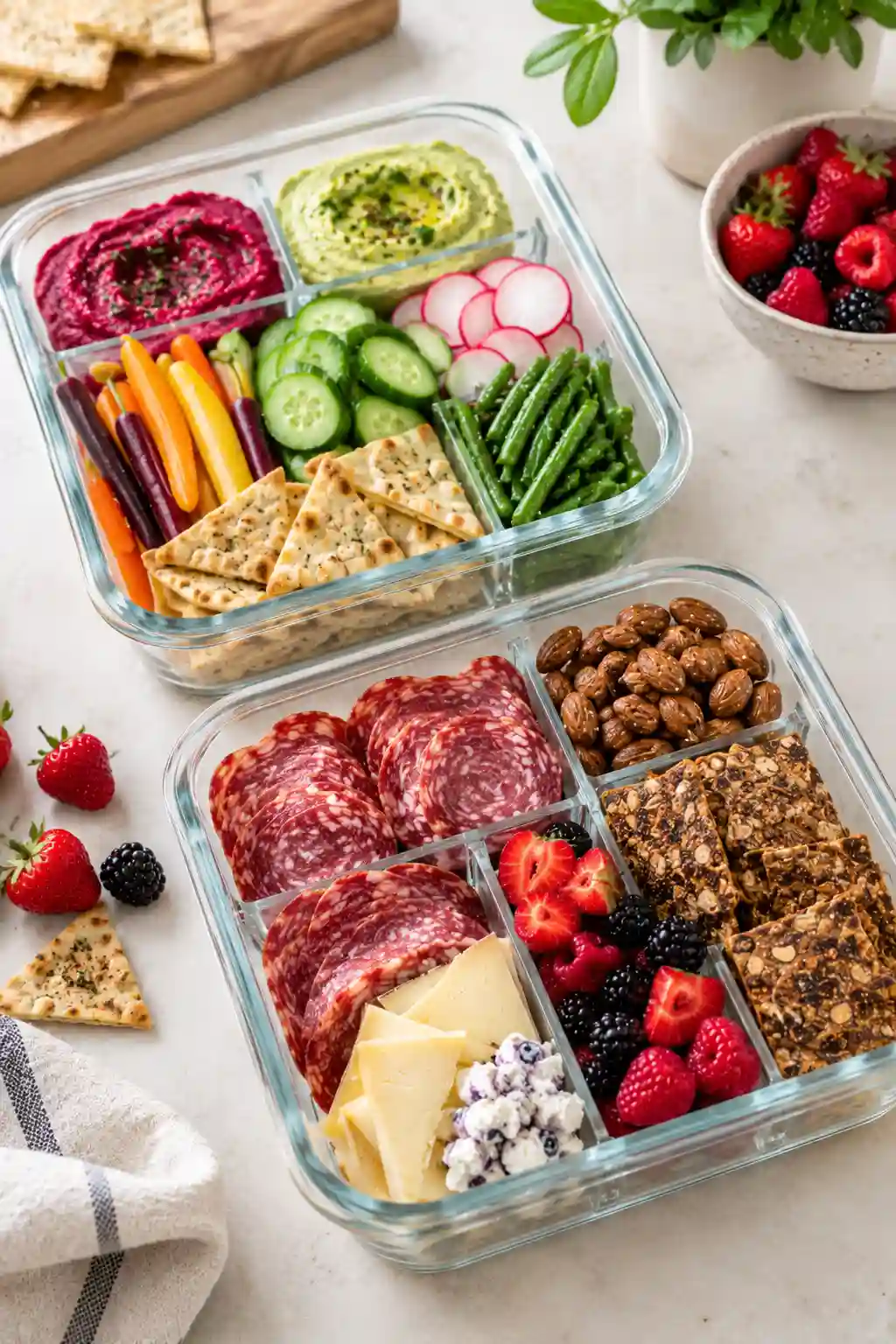 Grab and Go Snack Box Serving Ideas Grab and Go Snack Box Ideas served with salami, cheese, berries, almonds, hummus, vegetables, and crackers