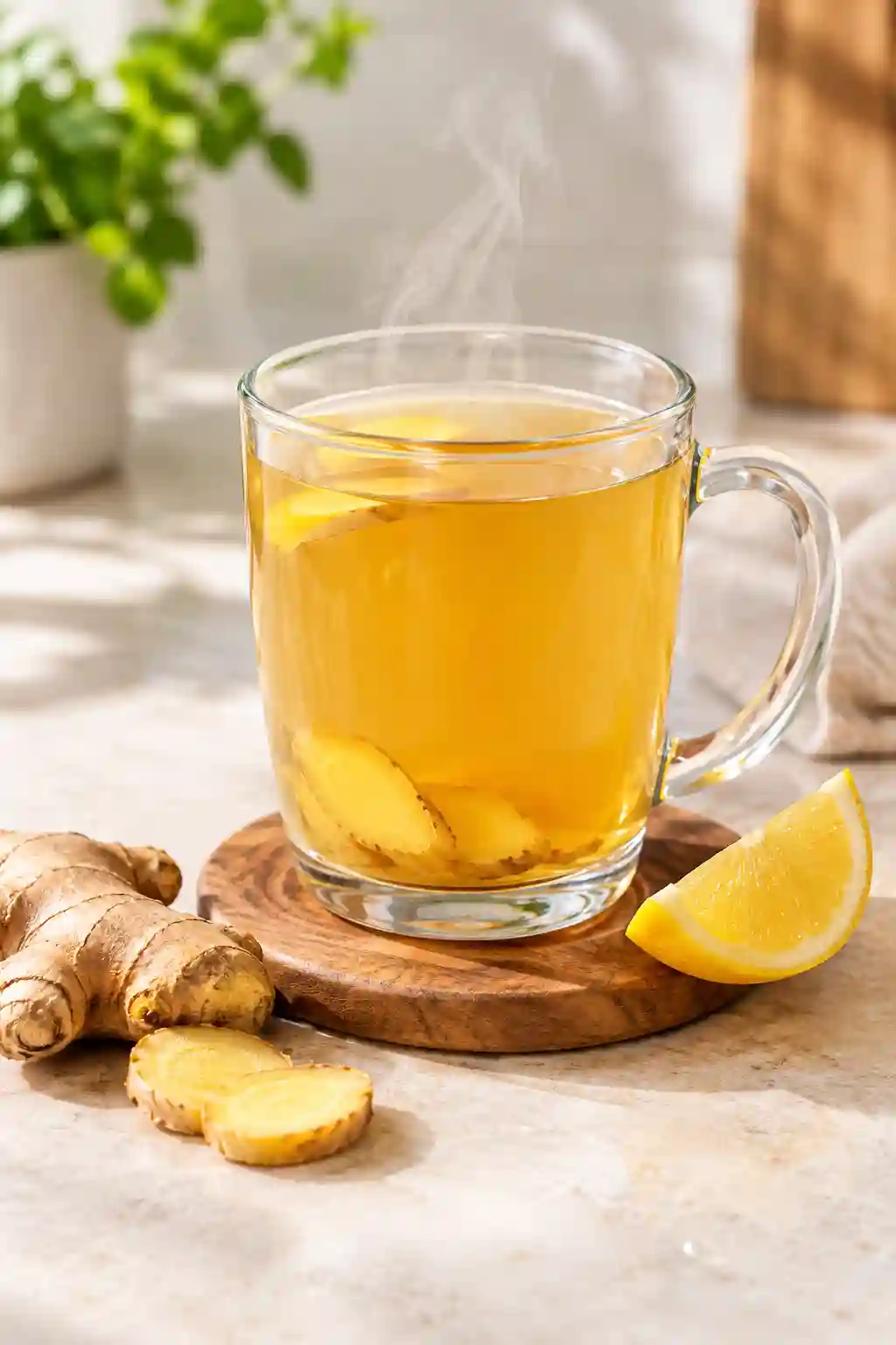 Hot Ginger Water Recipe for Weight Loss Hot ginger water with fresh ginger slices and lemon served in a glass mug