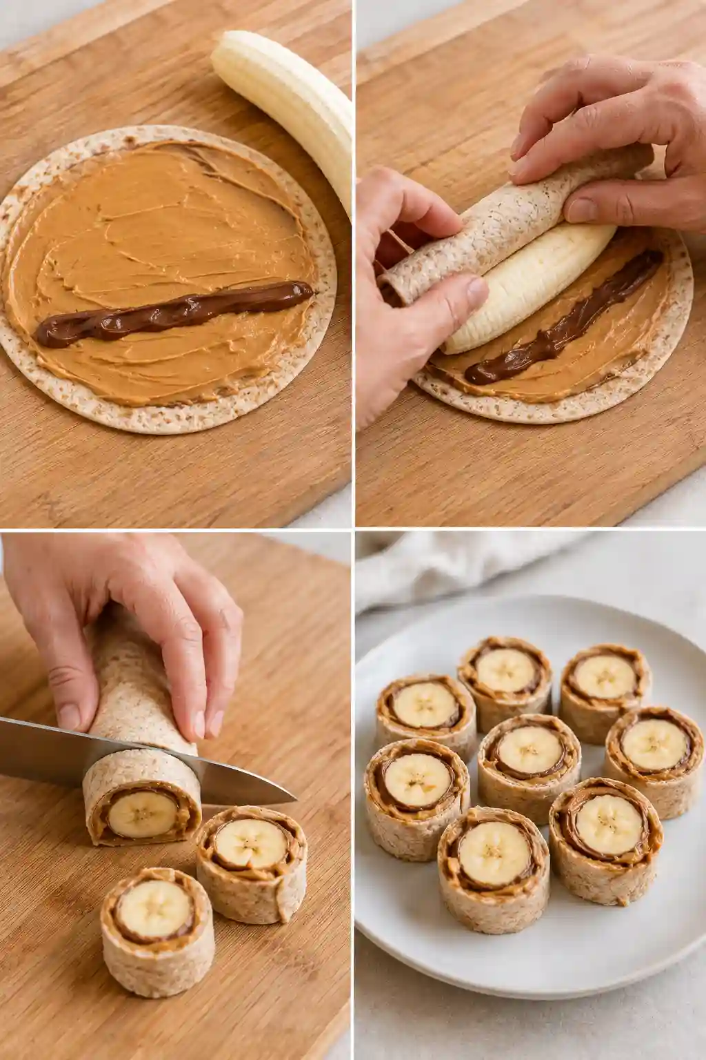 How to Make Banana Sushi in 4 Easy Steps Banana Sushi fun healthy snack kids four-step preparation with peanut butter, banana, tortilla, rolling, slicing, and serving