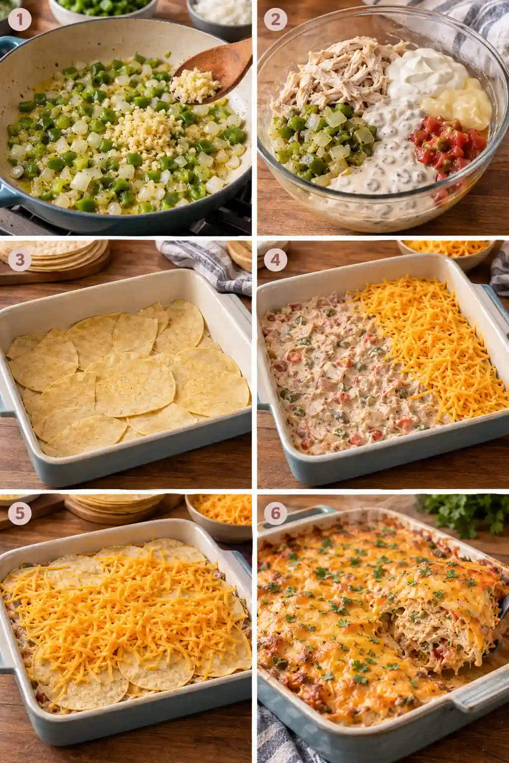 How to Make King Ranch Chicken Casserole How to make King Ranch Chicken Casserole in six steps, from sautéing vegetables and mixing the chicken filling to layering tortillas, cheese, and baking