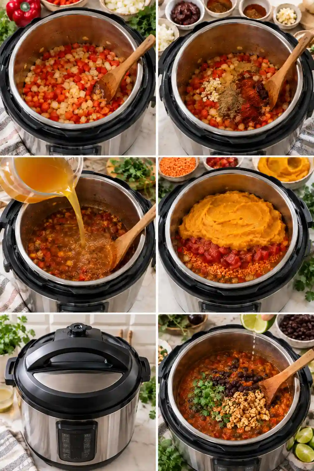 Instant Pot Vegetarian Chili with Pumpkin and Black Beans step by step cooking process showing sautéing, layering, pressure cooking, and finishing