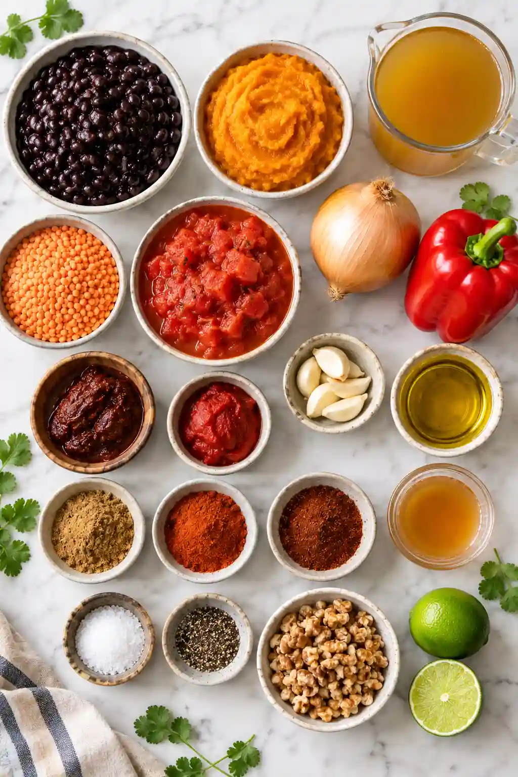 Instant Pot Vegetarian Chili with Pumpkin and Black Beans ingredients including pumpkin puree, black beans, red lentils, tomatoes, peppers, and spices
