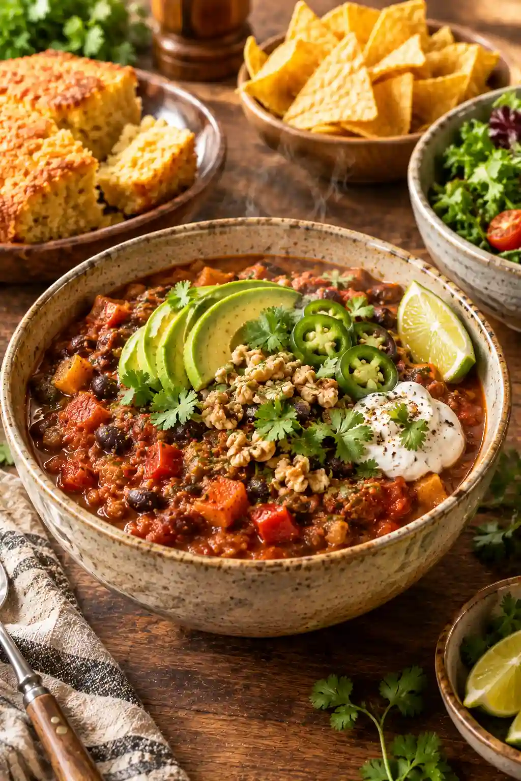 Instant Pot Vegetarian Chili with Pumpkin and Black Beans served with avocado, cilantro, jalapeño, walnuts, lime, cornbread, and tortilla chips
