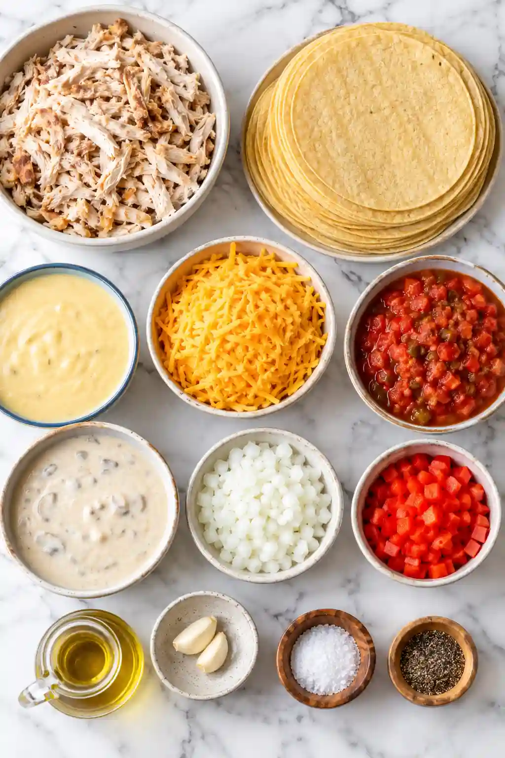 King Ranch Chicken Casserole Ingredients King Ranch Chicken Casserole ingredients with shredded chicken, corn tortillas, cheddar cheese, creamy soups, tomatoes, onion, bell pepper, and garlic