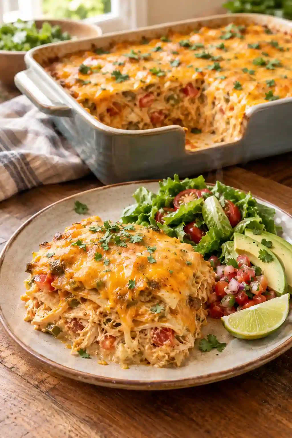 King Ranch Chicken Casserole Serving Ideas King Ranch Chicken Casserole served with green salad, avocado, pico de gallo, and fresh lime