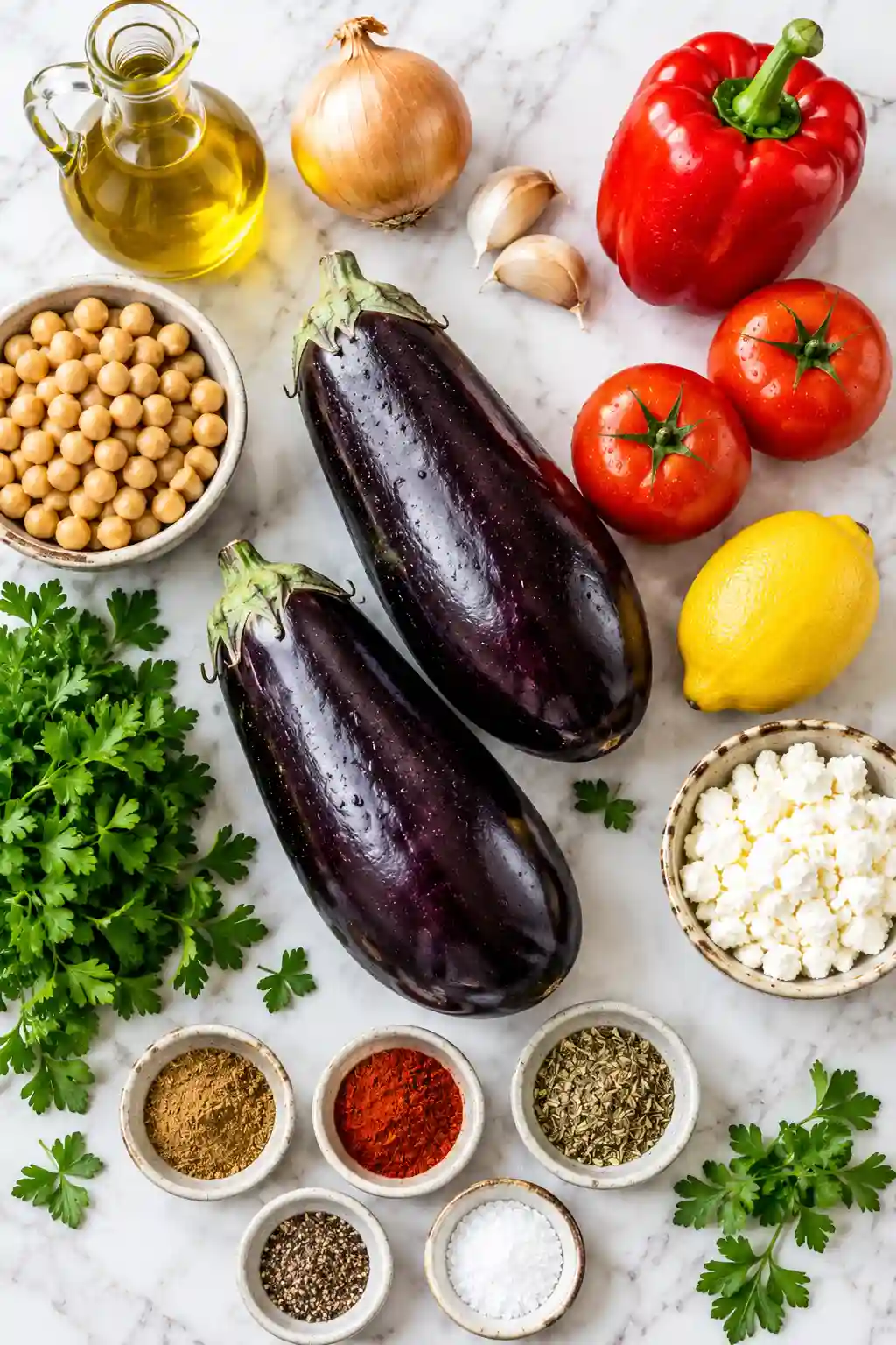 Mediterranean Stuffed Eggplant Ingredients Ingredients for Mediterranean stuffed eggplant with eggplants, chickpeas, tomatoes, red pepper, feta, herbs, lemon, and spices