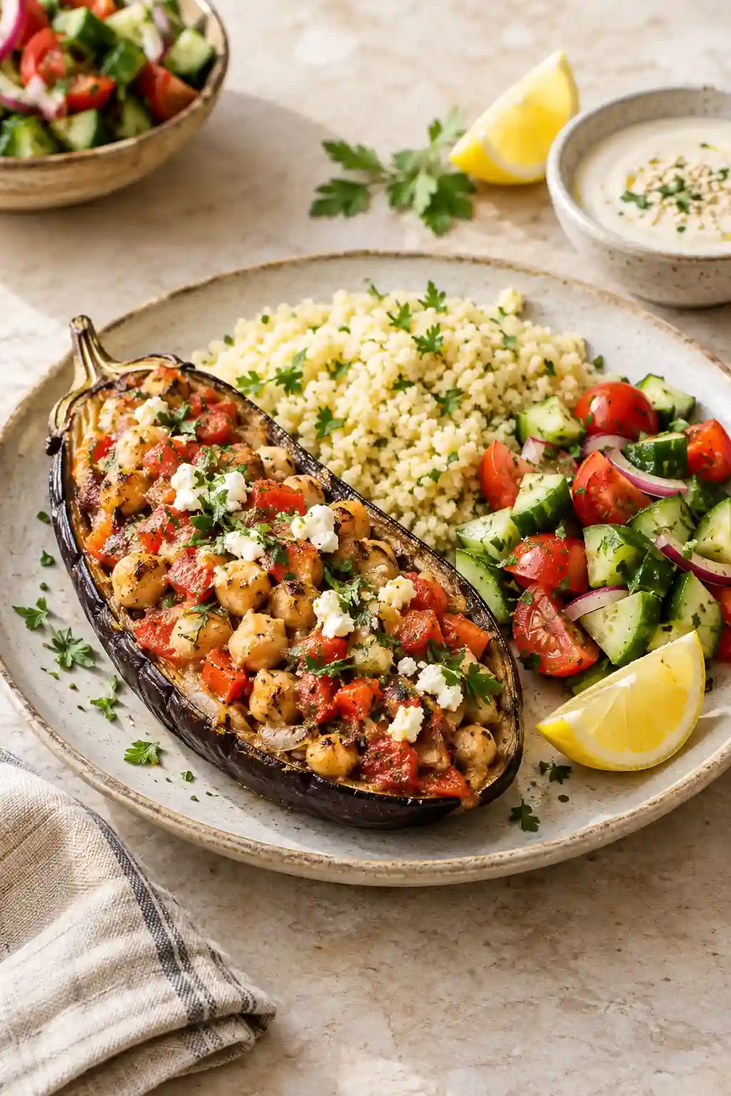 Mediterranean Stuffed Eggplant Serving Ideas Mediterranean stuffed eggplant with chickpeas and feta served with couscous, cucumber tomato salad, lemon, and tahini sauce
