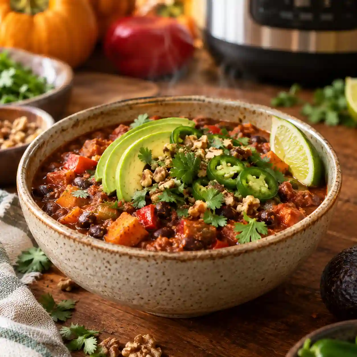 Instant Pot Vegetarian Chili with Pumpkin and Black Beans 