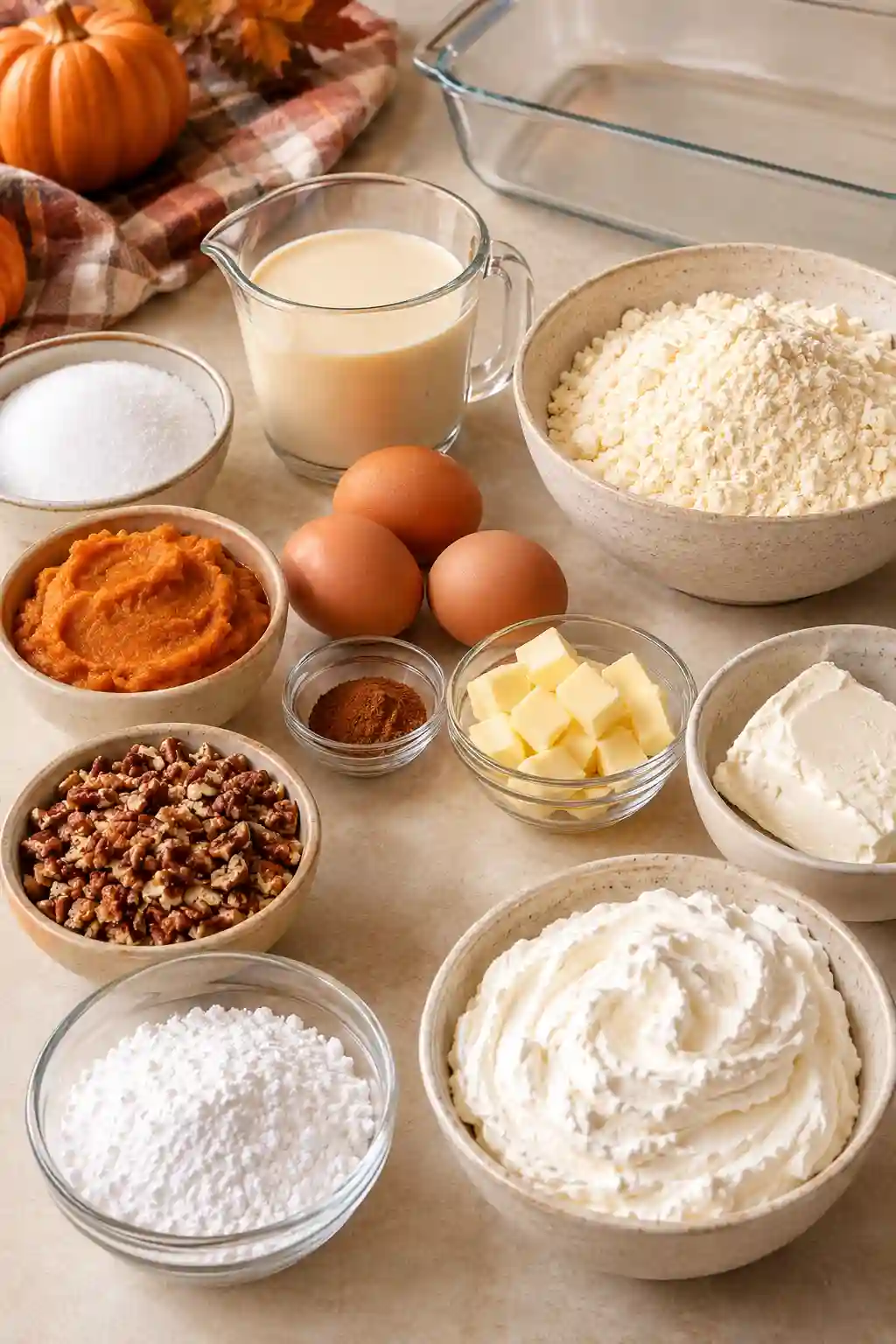 Pumpkin Crunch Cake ingredients including pumpkin puree, yellow cake mix, pecans, eggs, butter, cream cheese, evaporated milk, sugar, and whipped topping.