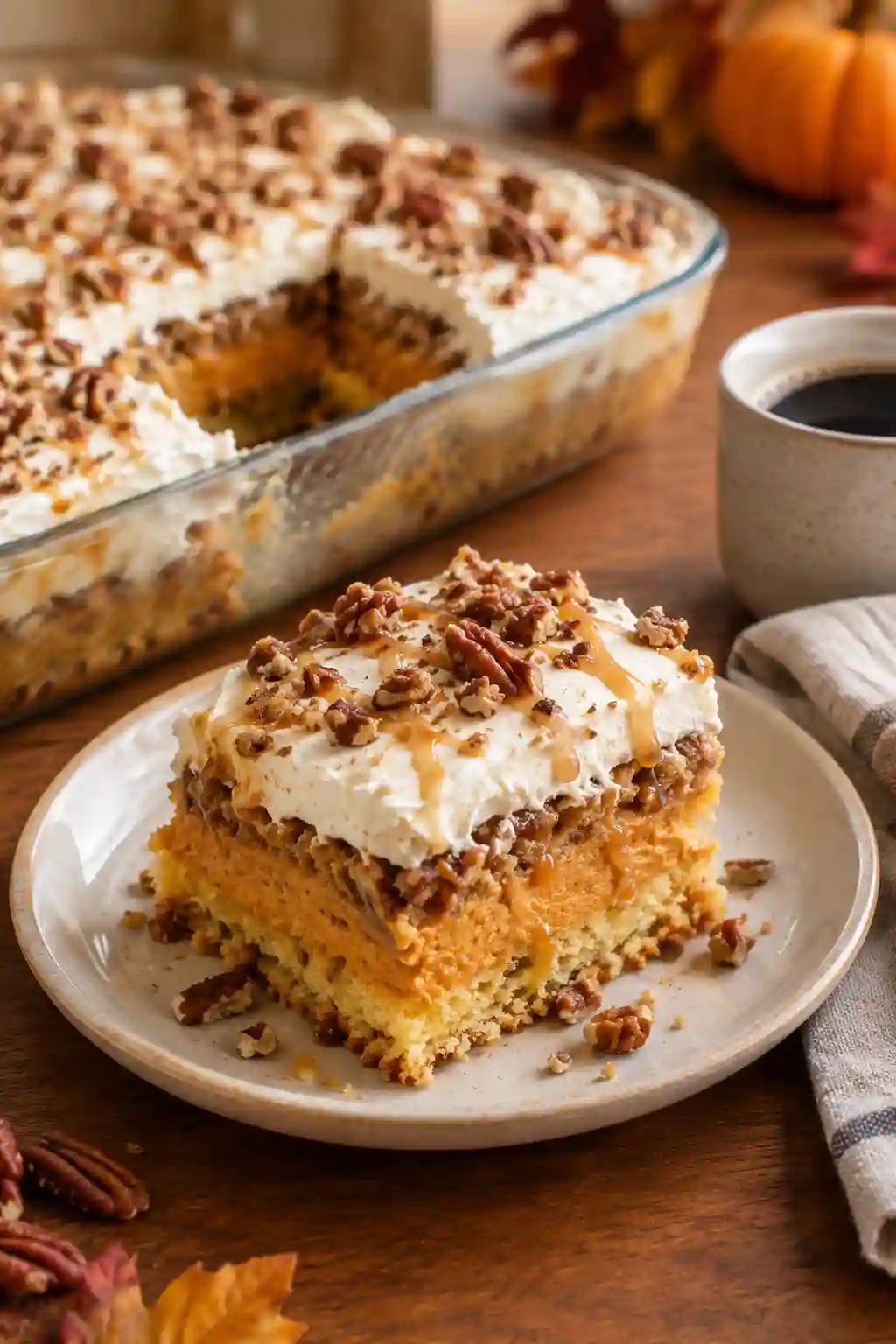 Pumpkin Crunch Cake served with cream cheese frosting, toasted pecans, caramel drizzle, and a cup of coffee.