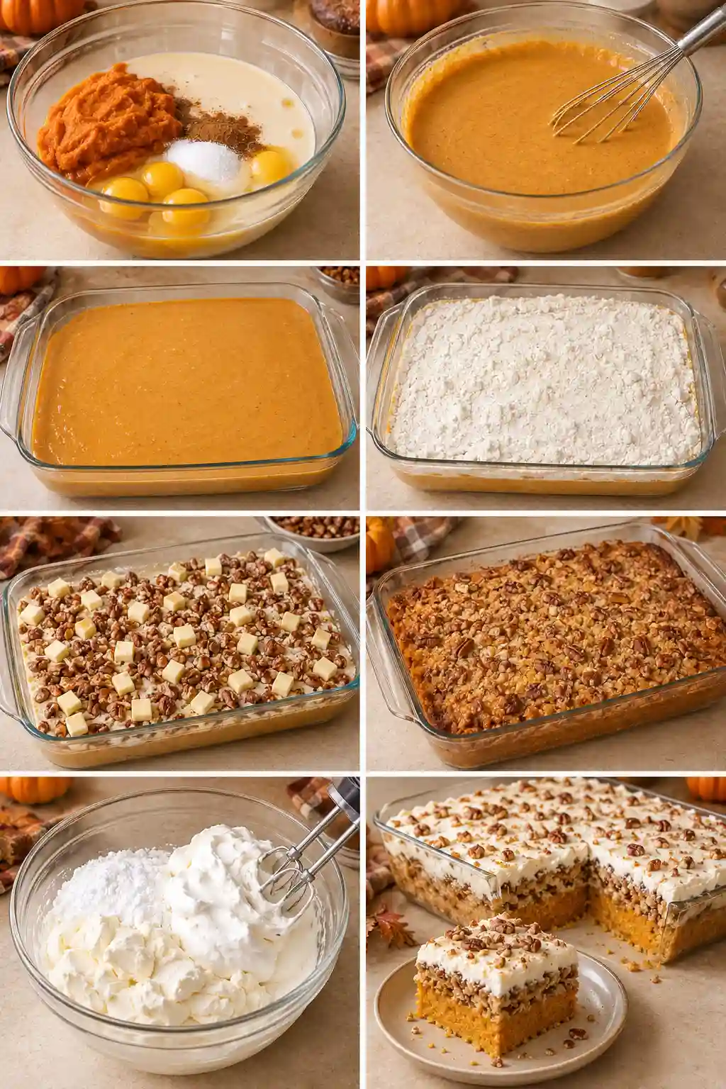 Step-by-step Pumpkin Crunch Cake preparation showing pumpkin filling, yellow cake mix, pecans, butter, baking, cream cheese frosting, and the finished cake.