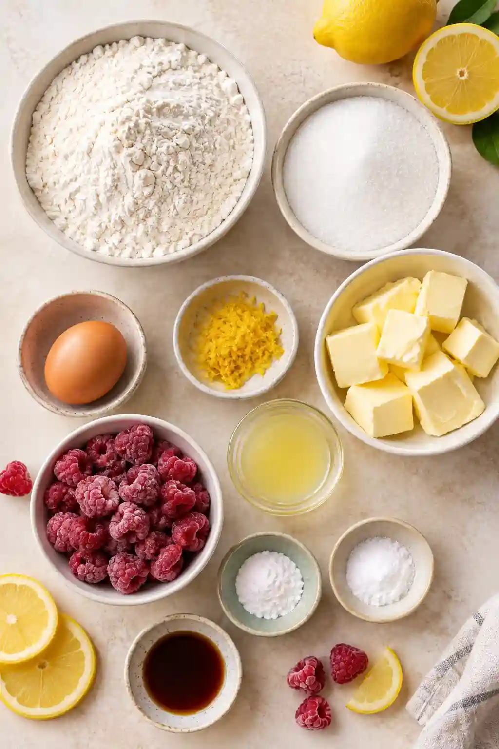 Ingredients for Raspberry Lemon Cookies with raspberries, lemon, flour, sugar, butter, and egg