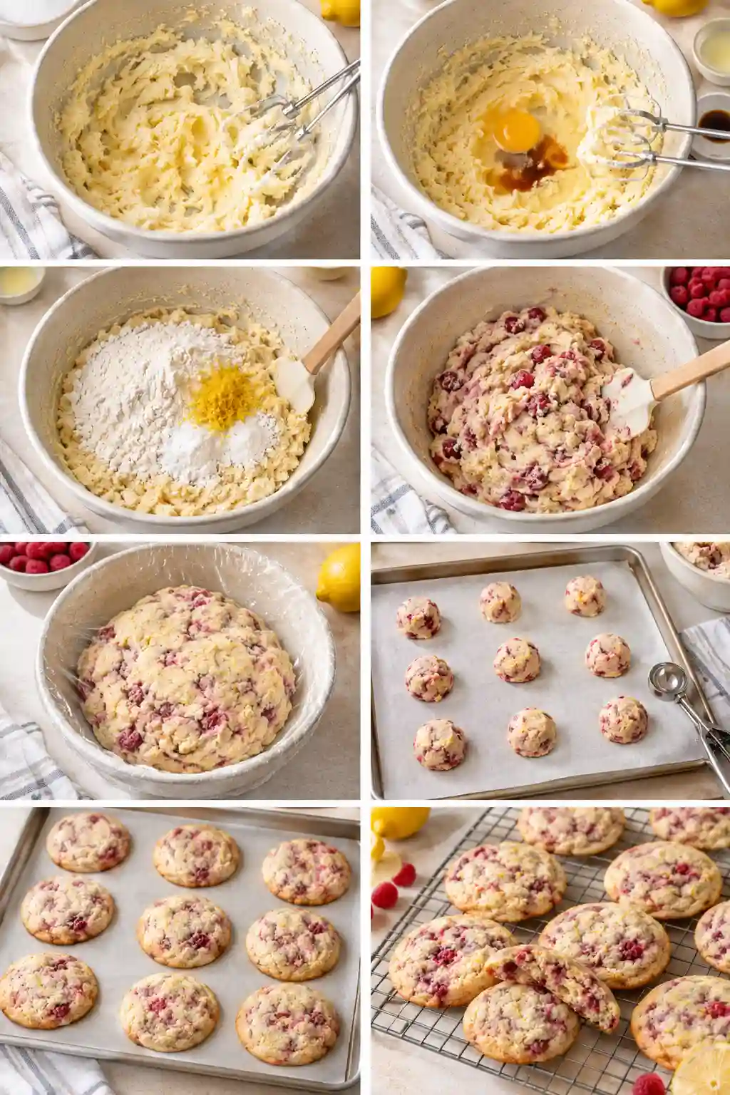 Step by step process for making Raspberry Lemon Cookies from mixing the dough to baking