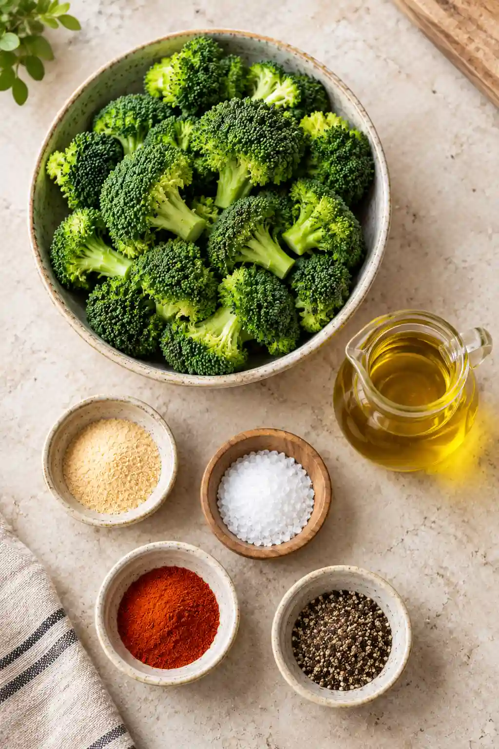 Roasted broccoli recipe ingredients with fresh broccoli, olive oil, garlic powder, paprika, salt, and black pepper