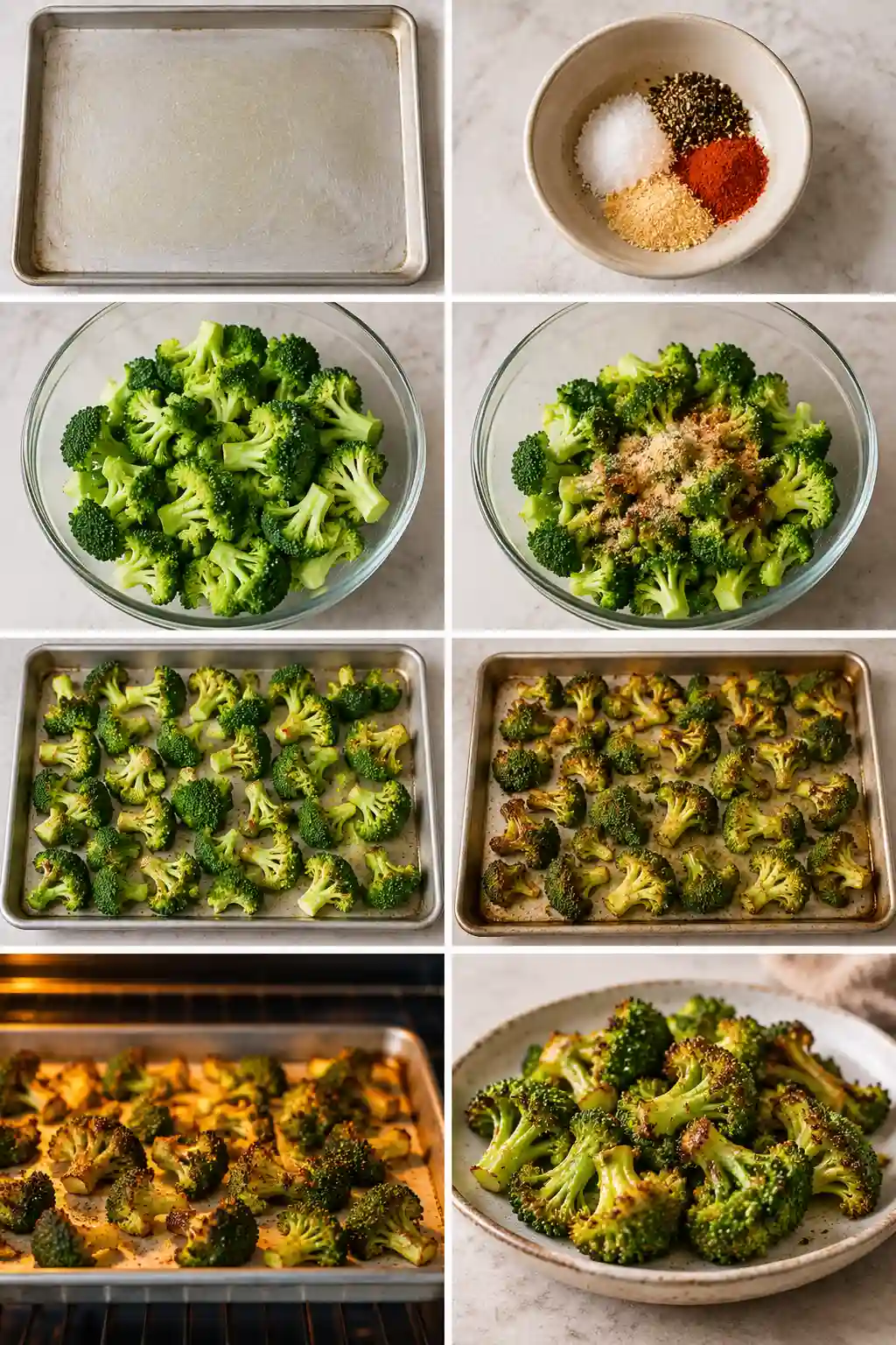 Step by step roasted broccoli recipe showing seasoning, roasting, and crispy finished broccoli