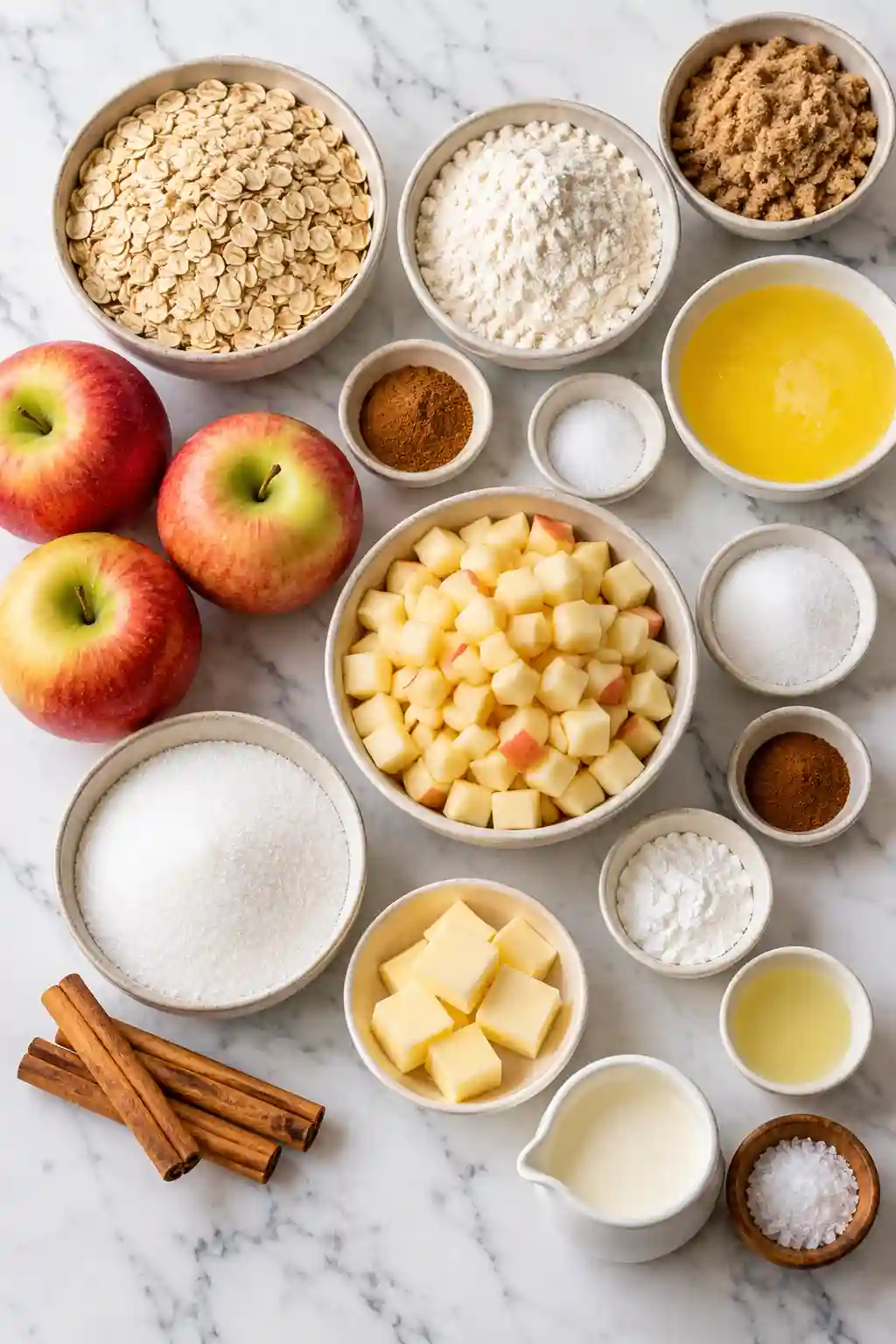 Ingredients for Salted Caramel Apple Crumble Bars including apples, oats, flour, butter, brown sugar, cinnamon, cream, and sea salt