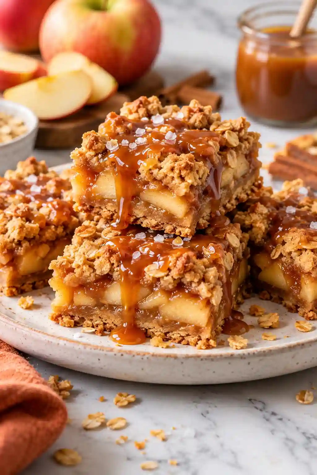 Salted Caramel Apple Crumble Bars served with cinnamon apples, oat crumble, caramel drizzle, and flaky sea salt