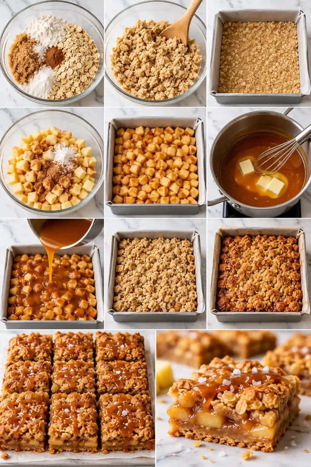 Step by step process for making Salted Caramel Apple Crumble Bars with oat crumble, cinnamon apples, caramel, and golden topping