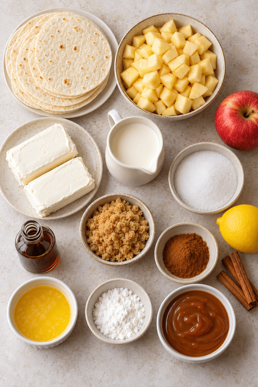 Ingredients for Air Fryer Apple Pie Cheesecake Tacos including tortillas, apples, cream cheese, cinnamon, sugar, butter, and caramel