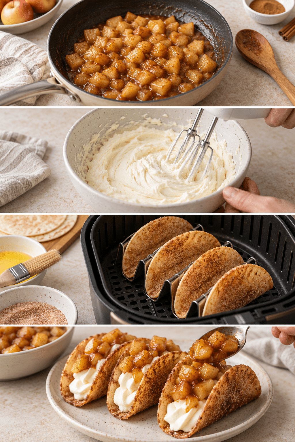 Step by step process for making Air Fryer Apple Pie Cheesecake Tacos with cinnamon apples, cheesecake filling, and crisp shells