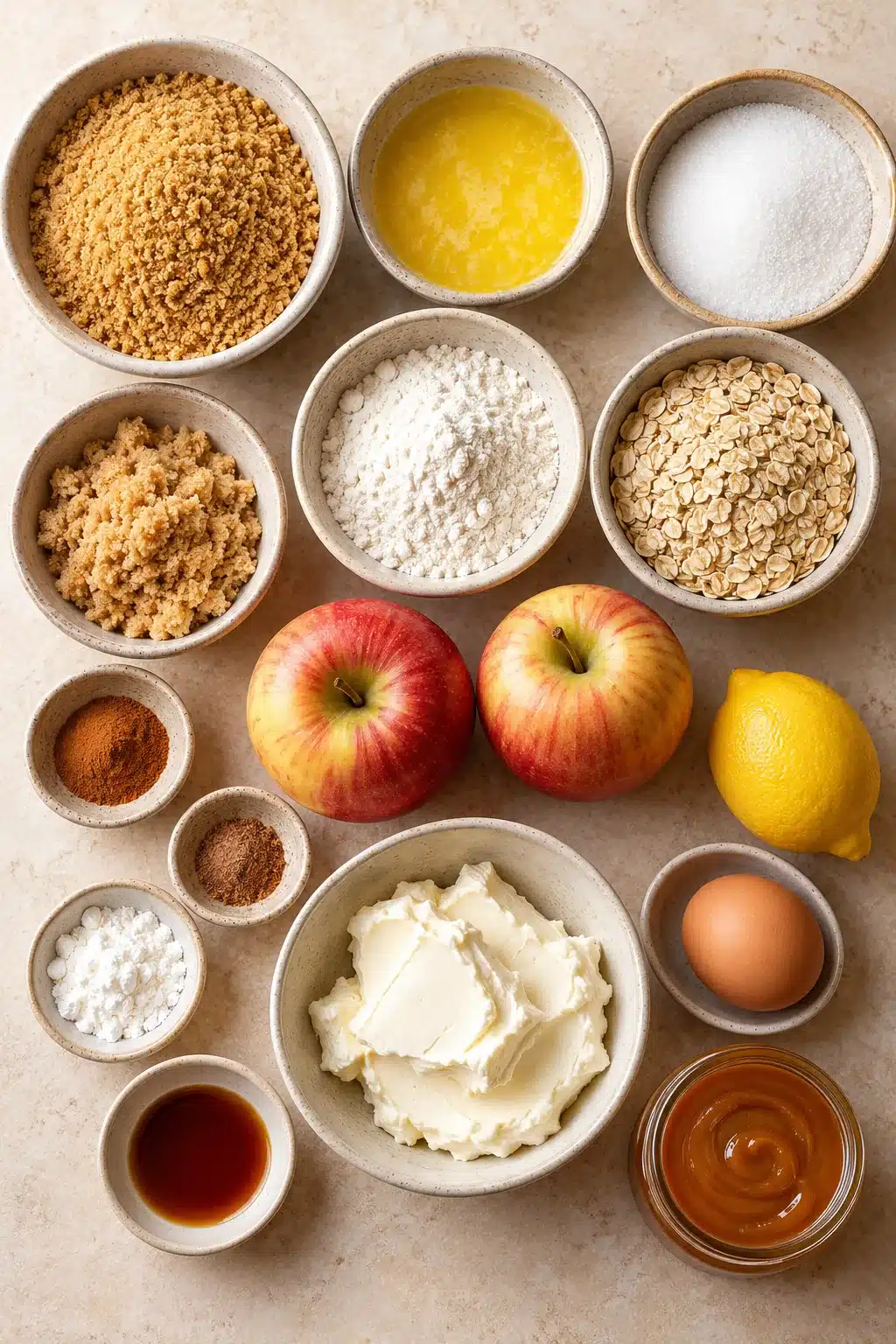 Ingredients for Apple Crisp Mini Cheesecakes including apples, cream cheese, graham crumbs, oats, butter, sugar, egg, cinnamon, and caramel