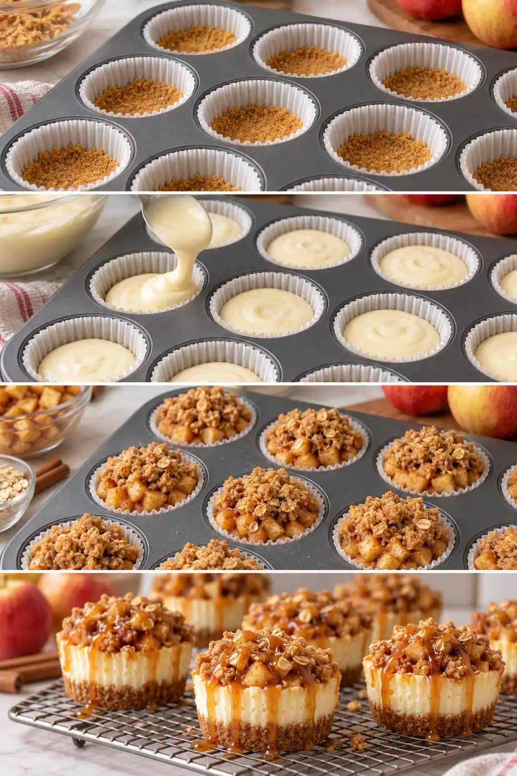 Step by step process for making Apple Crisp Mini Cheesecakes in a lined muffin pan