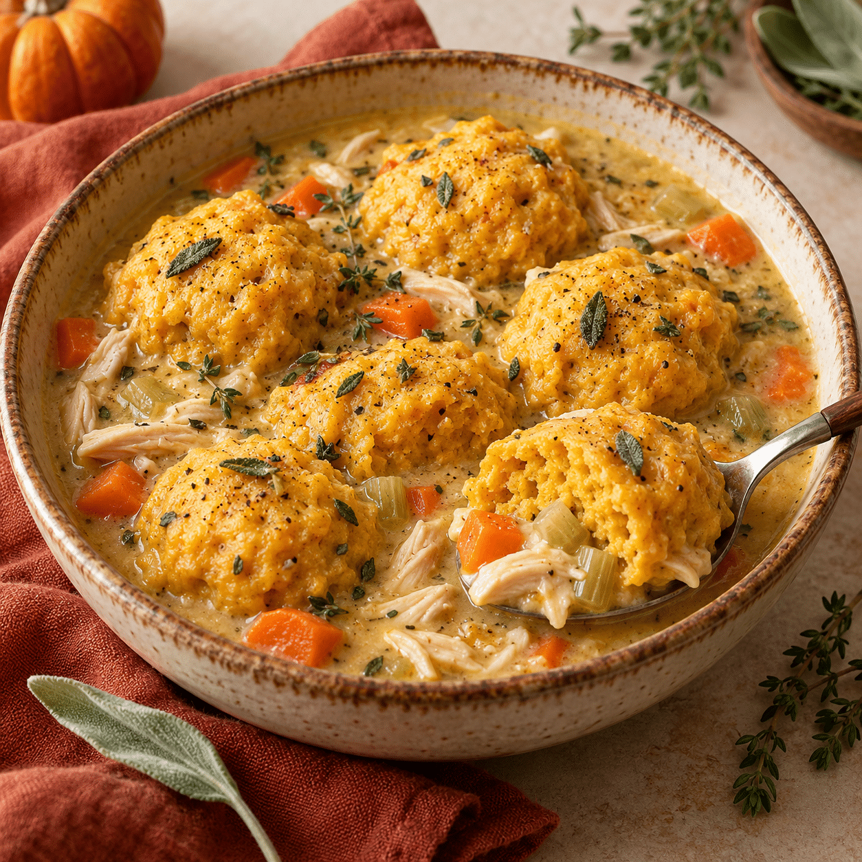 Chicken and Pumpkin Dumplings Easy Fall Recipe