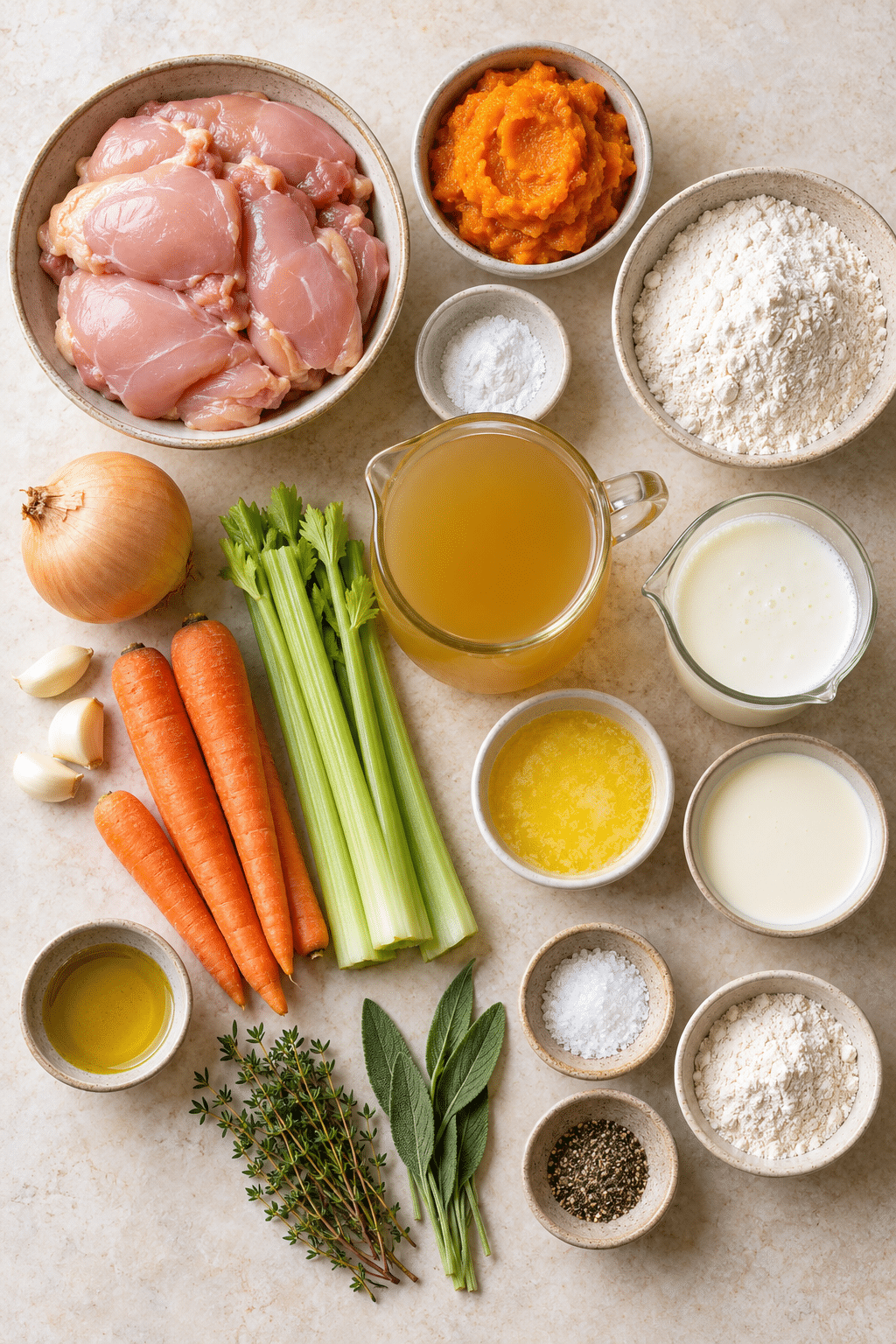 Ingredients for Chicken and Pumpkin Dumplings including chicken, pumpkin, flour, buttermilk, broth, vegetables, cream, and herbs