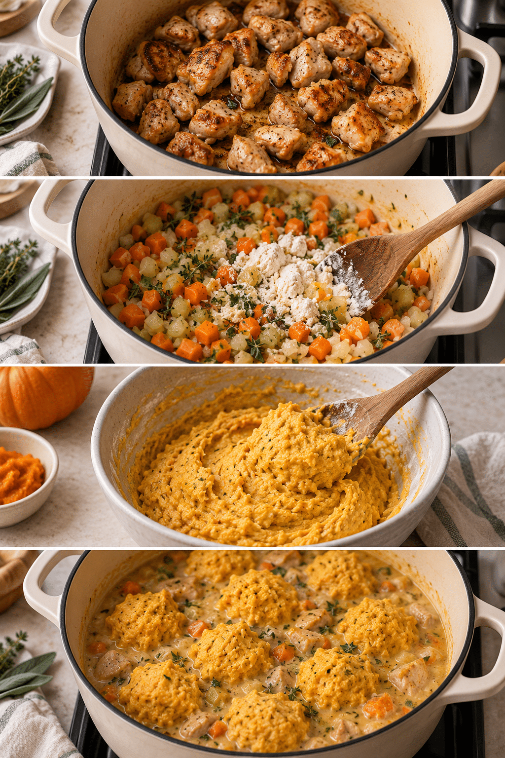 Step by step process for making Chicken and Pumpkin Dumplings in a Dutch oven